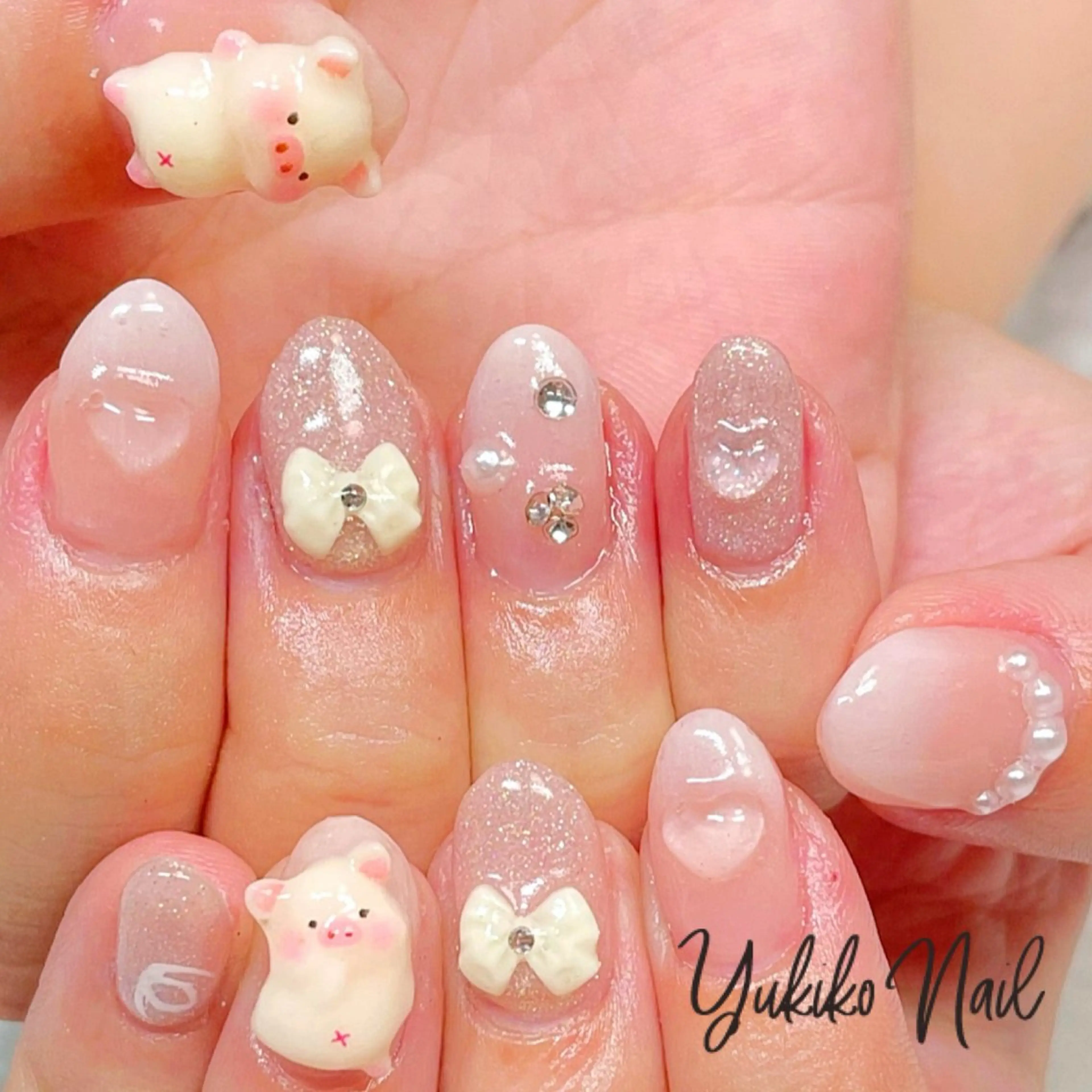 ネイル ガーリー 韓国ネイル リボン ワンホンネイル ハンドネイル ユキコ ネイルのネイルデザイン