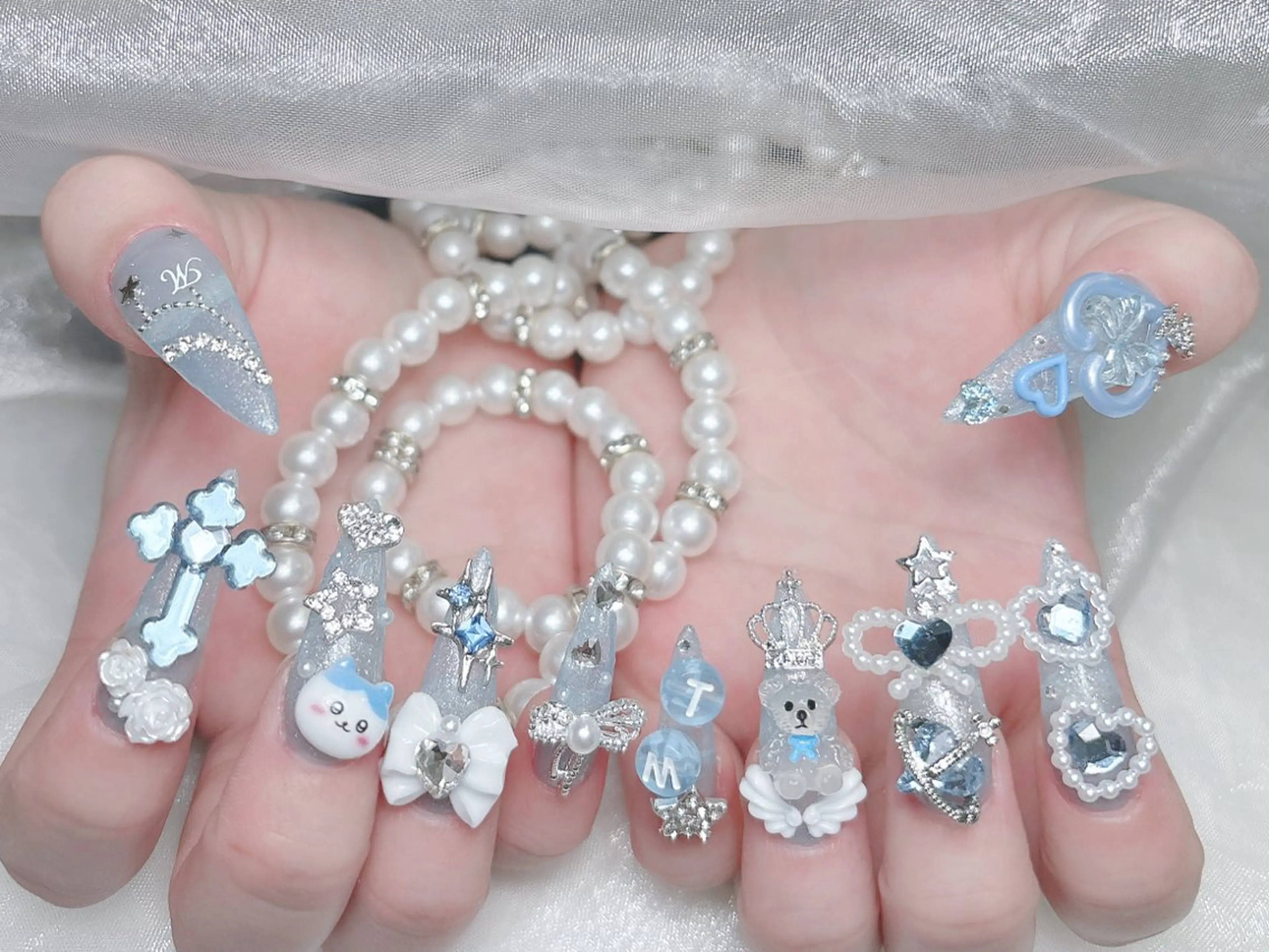 ネイル 成人式 キラキラネイル 大理石ネイル(マーブル) スカルプネイル 夏ネイル ハンドネイル MoMoA Nail ネイル長さ出し専門店のネイルデザイン