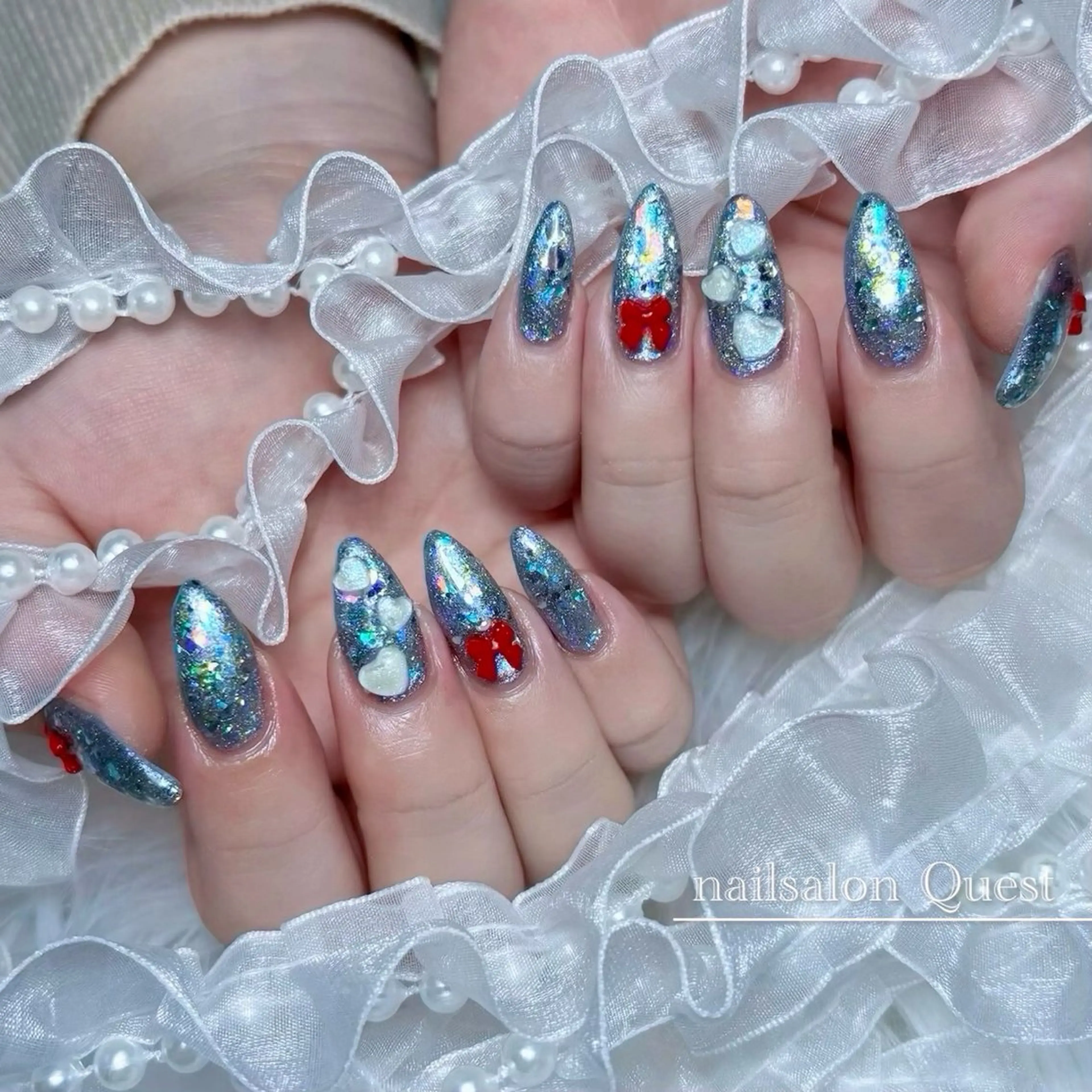 ネイル ハート キラキラネイル ラメ(グリッター) リボン ハンドネイル nailsalon Questのネイルデザイン