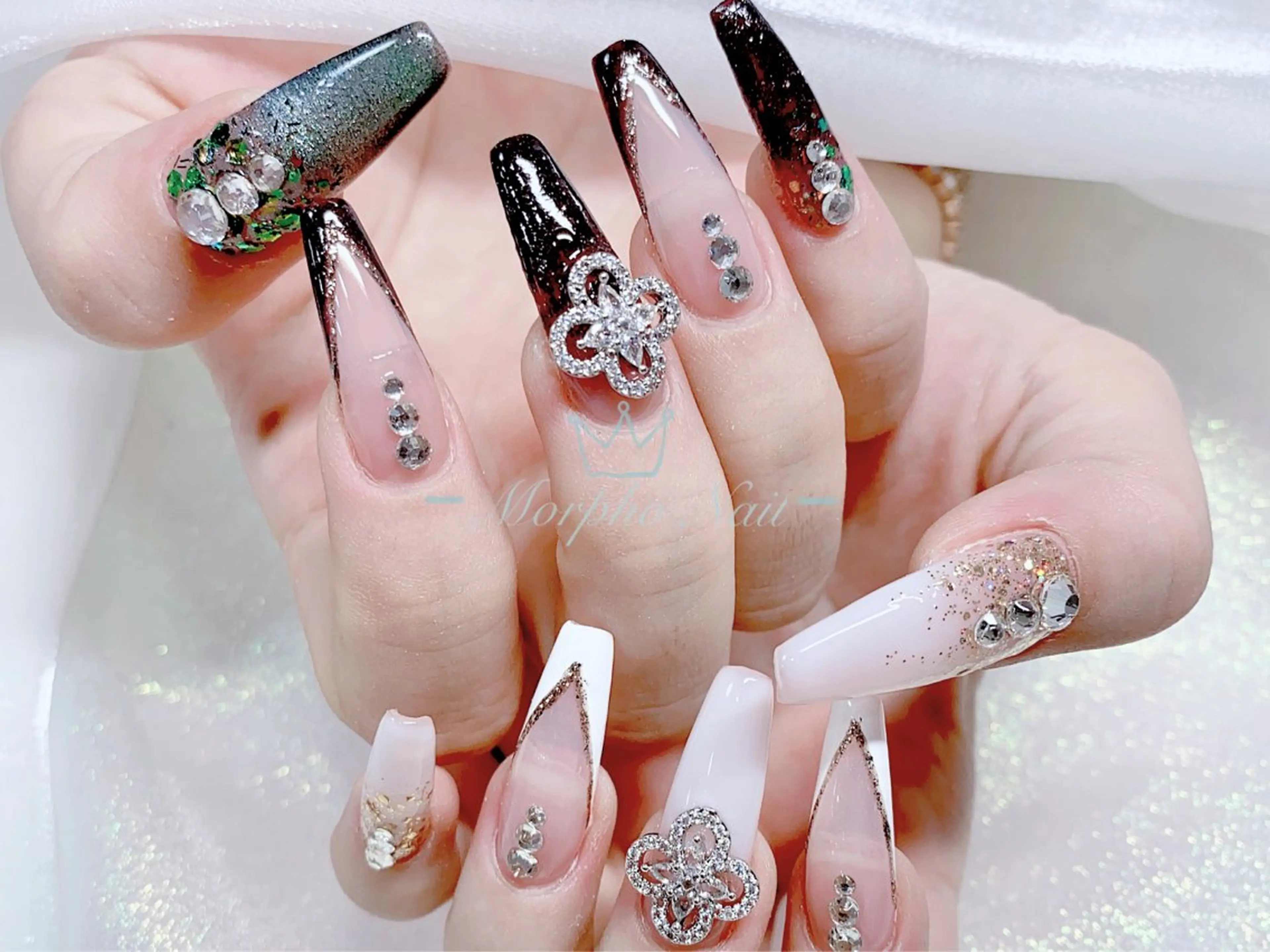 ネイル 長さ出し ジェルネイル キラキラネイル 大理石ネイル(マーブル) ニュアンスネイル ハンドネイル Morpho nailのネイルデザイン