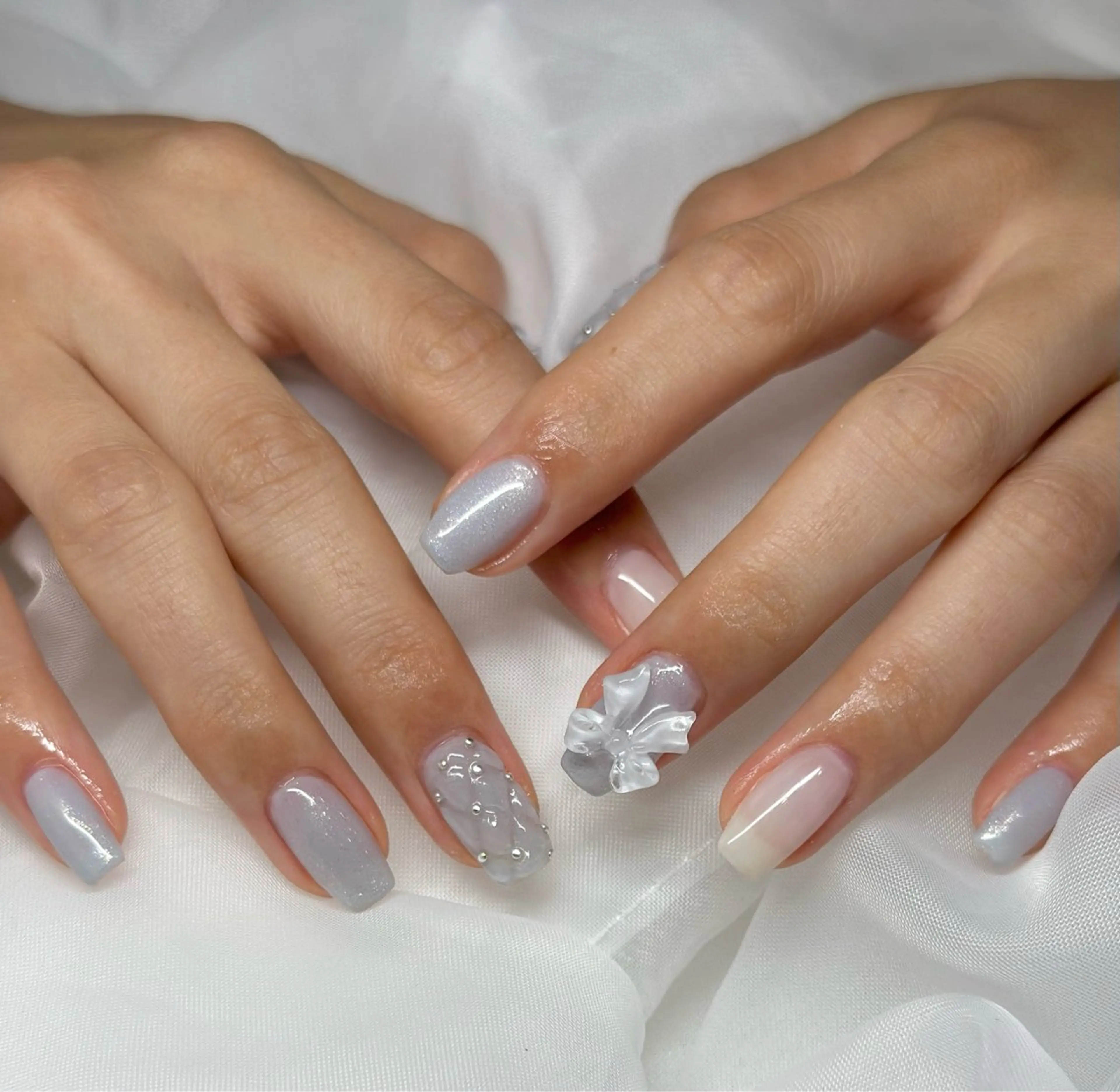 ネイル ブルー ガーリー 韓国ネイル リボン bibiwoo Ayakoのネイルデザイン