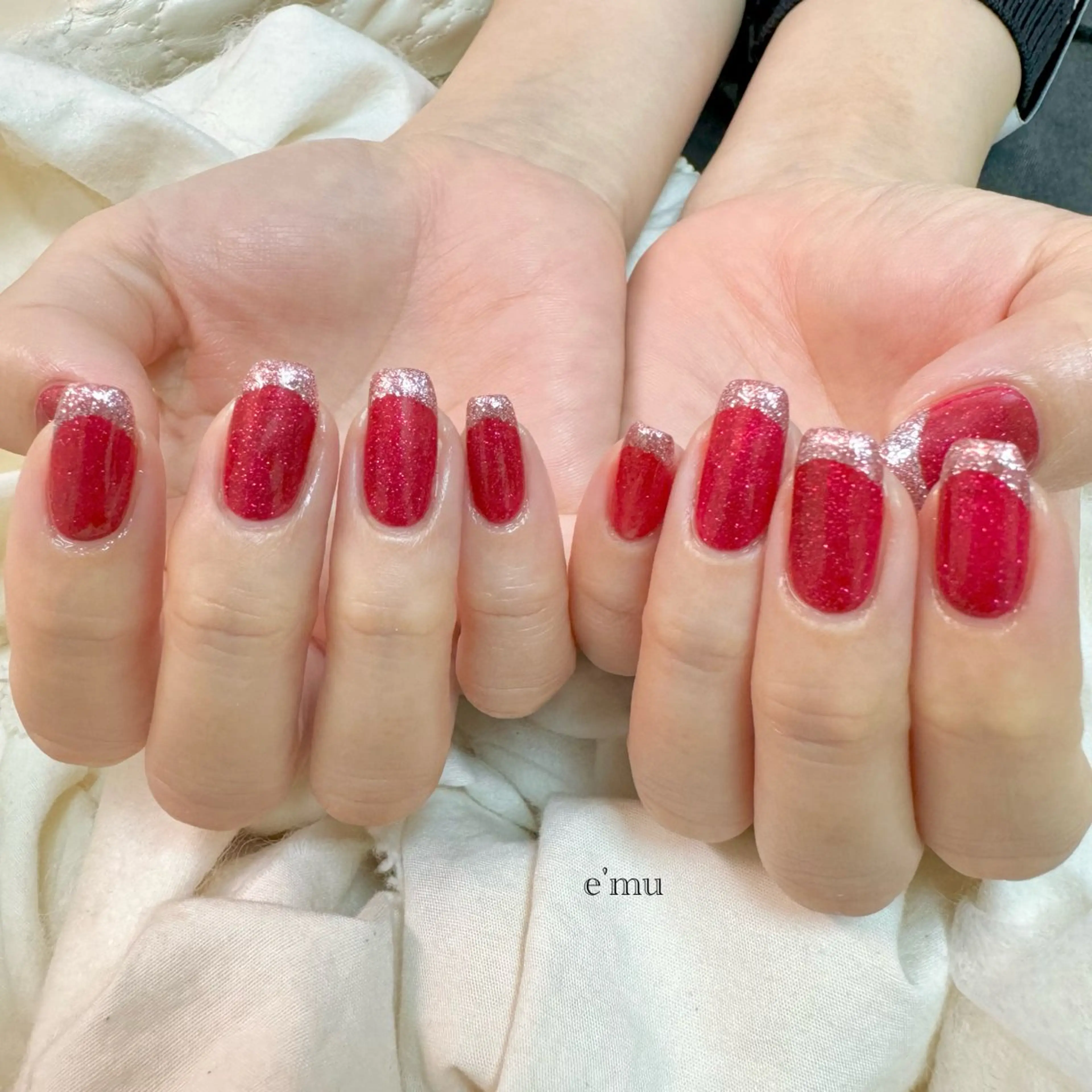ネイル フレンチネイル ピンク 赤色 ハンドネイル nail salon e'mu💐のネイルデザイン