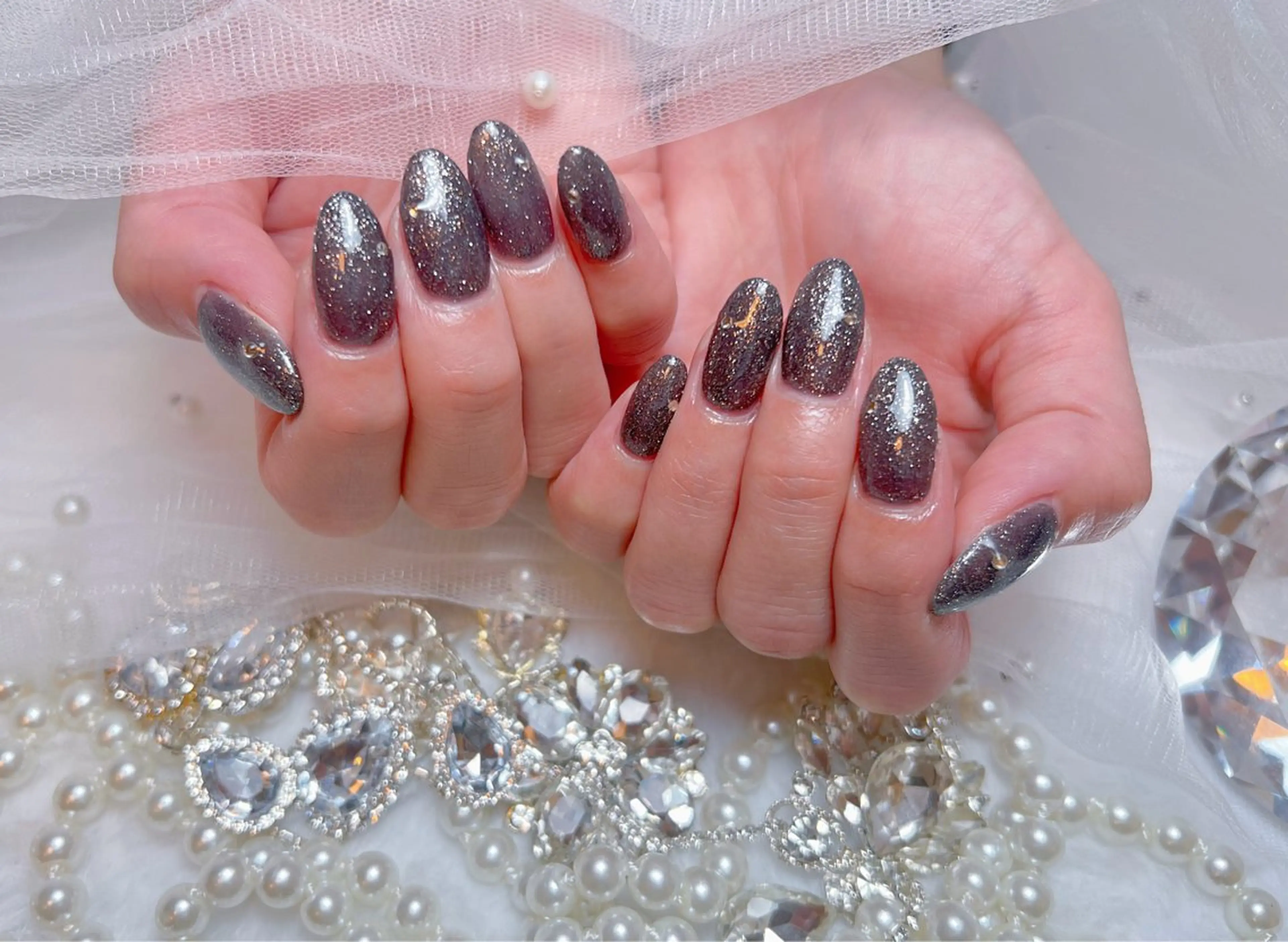 ネイル アートネイル オーロラネイル チークネイル 長さ出し フットネイル Miya _nailのネイルデザイン