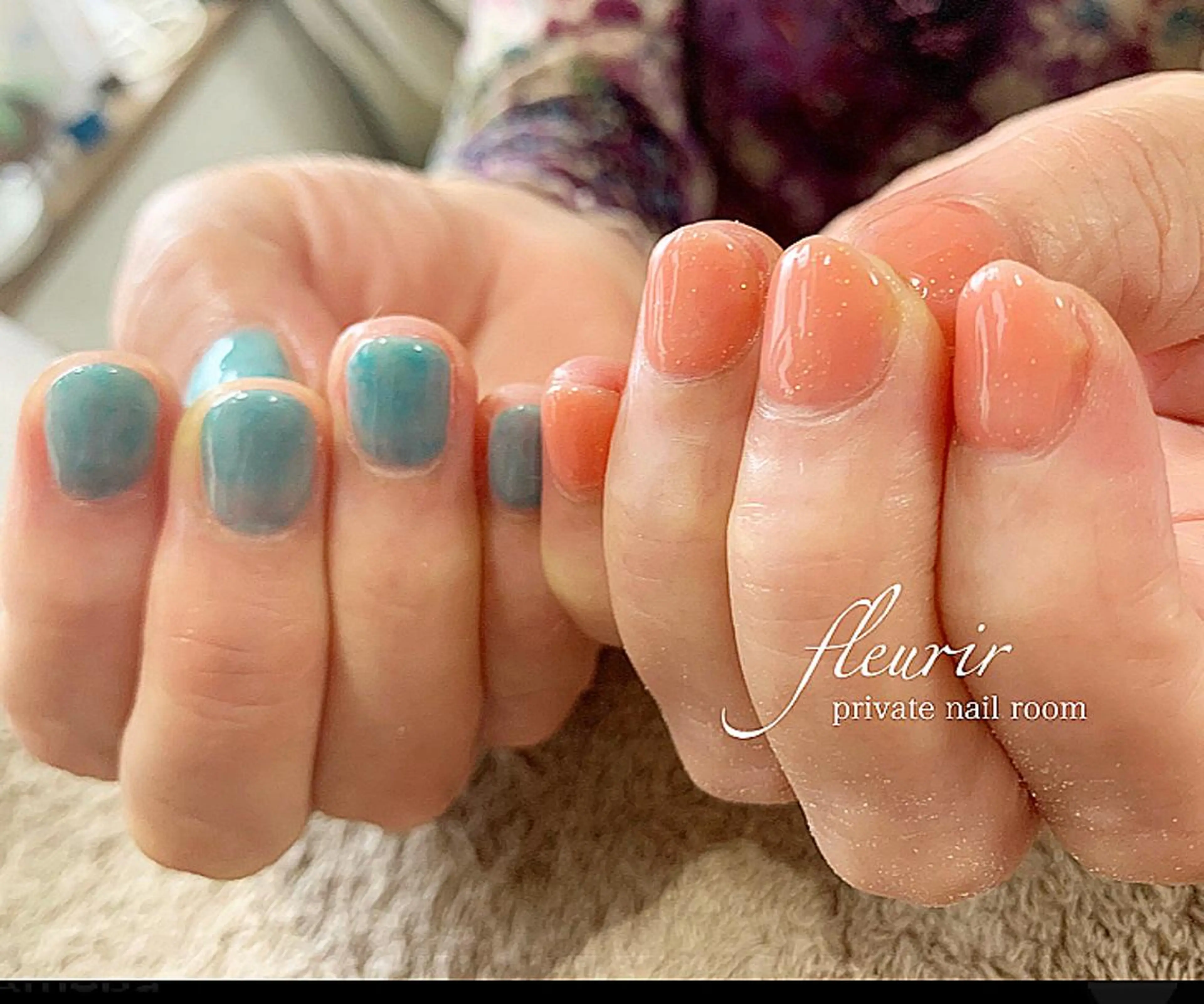 ネイル ブルー 長さ出し ジェルネイル グリーン ハードジェル フルリール 【プライベートサロンのネイルデザイン