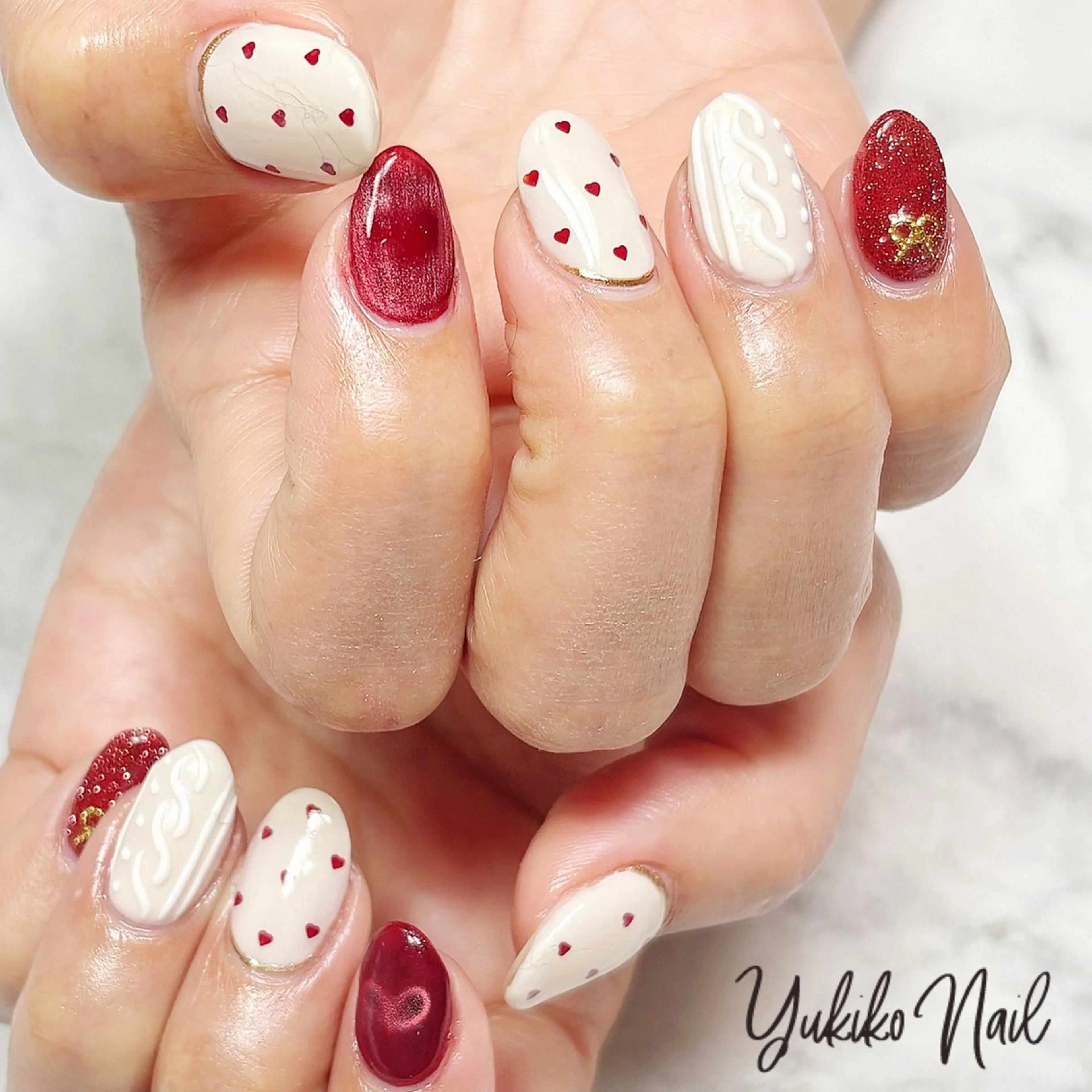 ネイル ハート 赤色 バレンタイン ハンドネイル ユキコ ネイルのネイルデザイン