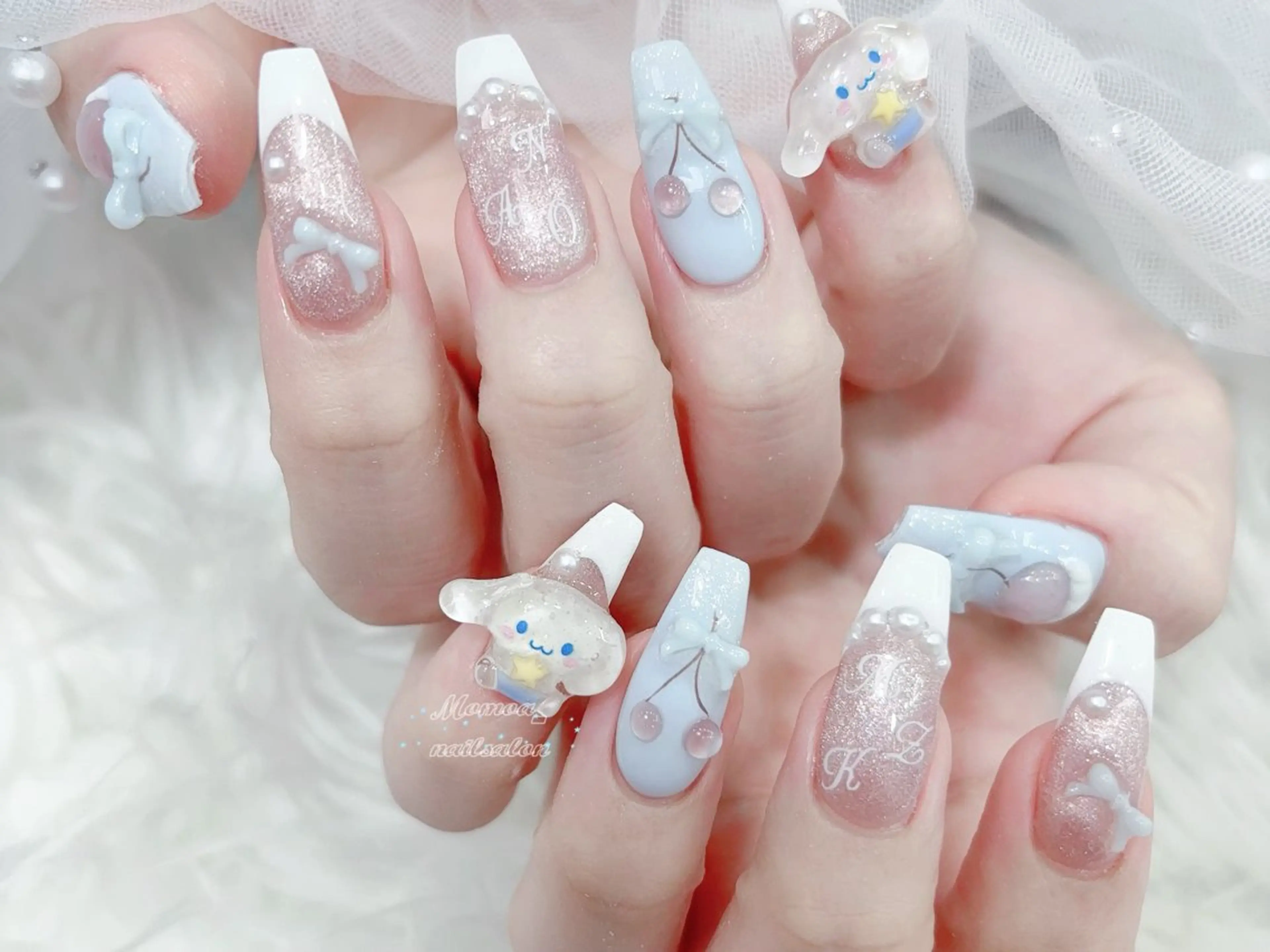 ネイル 成人式 マグネットネイル 大理石ネイル(マーブル) リボン 夏ネイル ハンドネイル MoMoA Nail ネイル長さ出し専門店のネイルデザイン