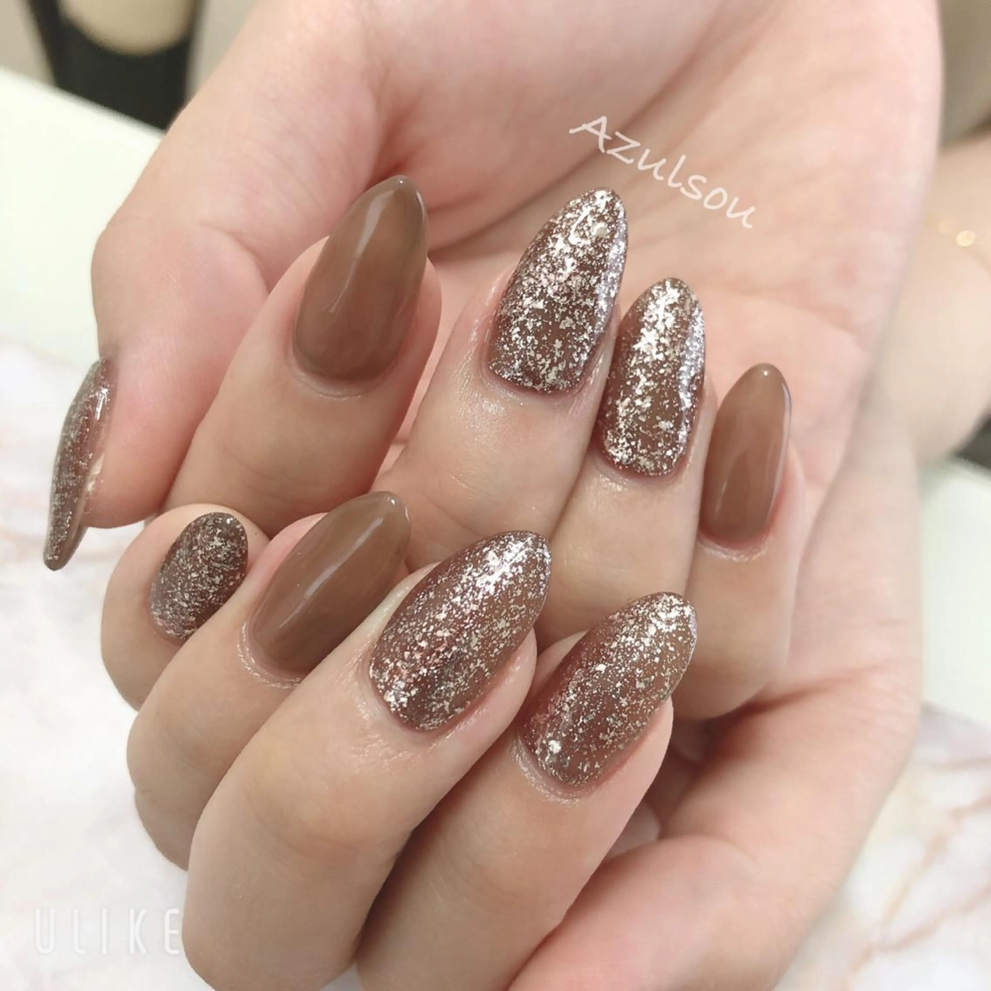 ネイル ブラウン ジェルネイル 韓国ネイル ラメ(グリッター) ミラーネイル Azulsou 廣川愛のネイルデザイン
