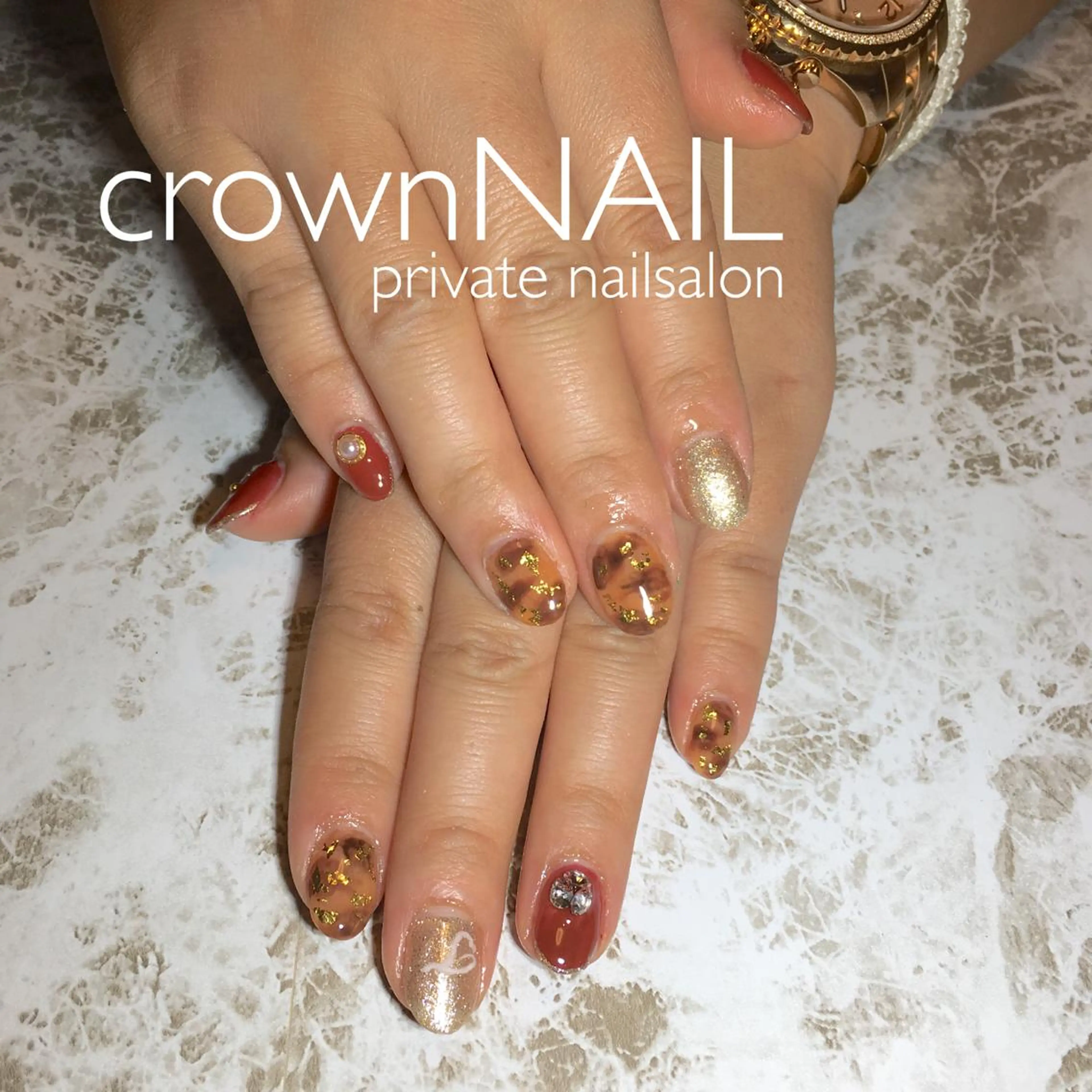 ネイル べっ甲ネイル ボルドー ゴールド ラメ(グリッター) ensowa✱laf NAILのネイルデザイン