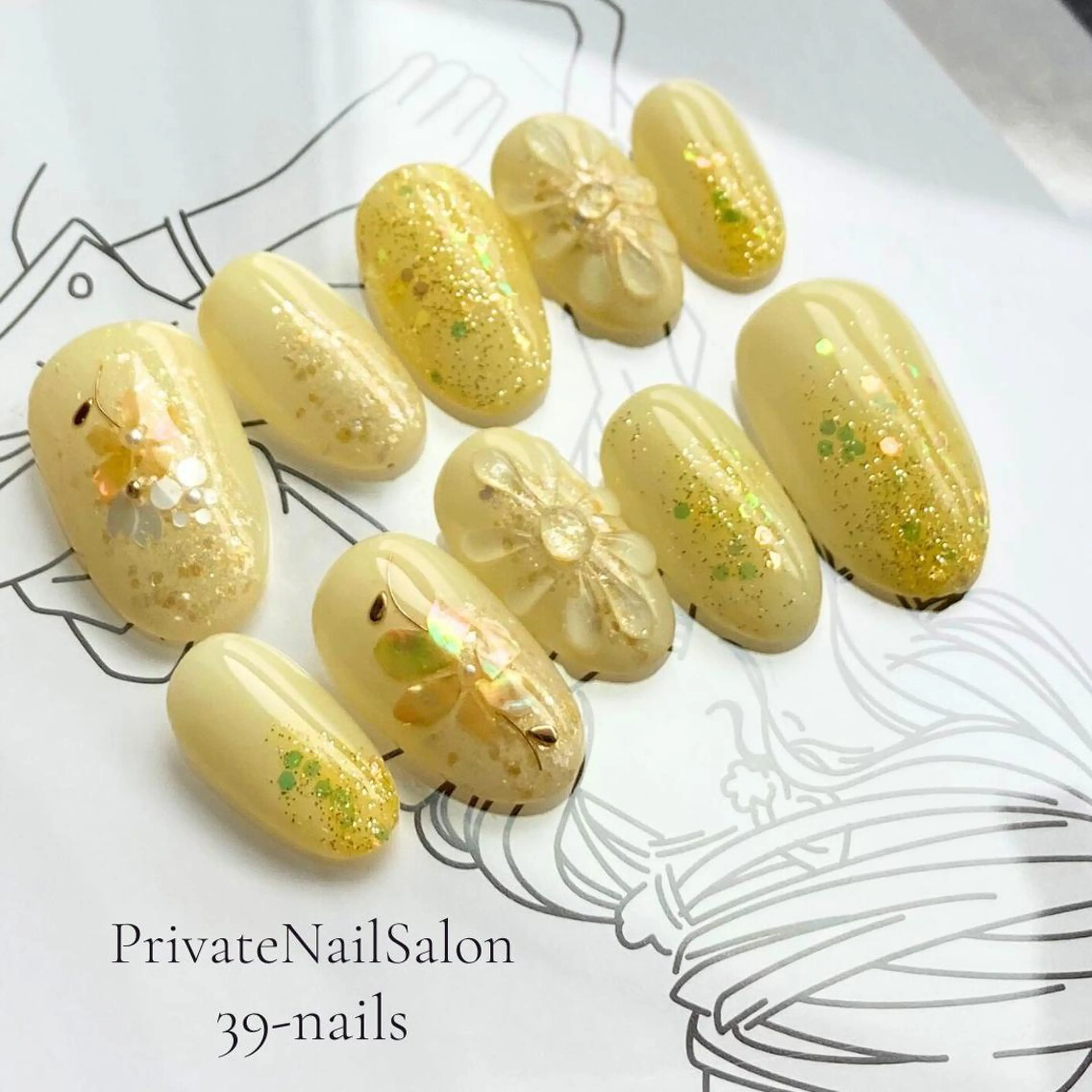 ネイル フラワーネイル ジェルネイル パラジェル ぷっくりネイル 黄色 39-nails EharaMikuのネイルデザイン