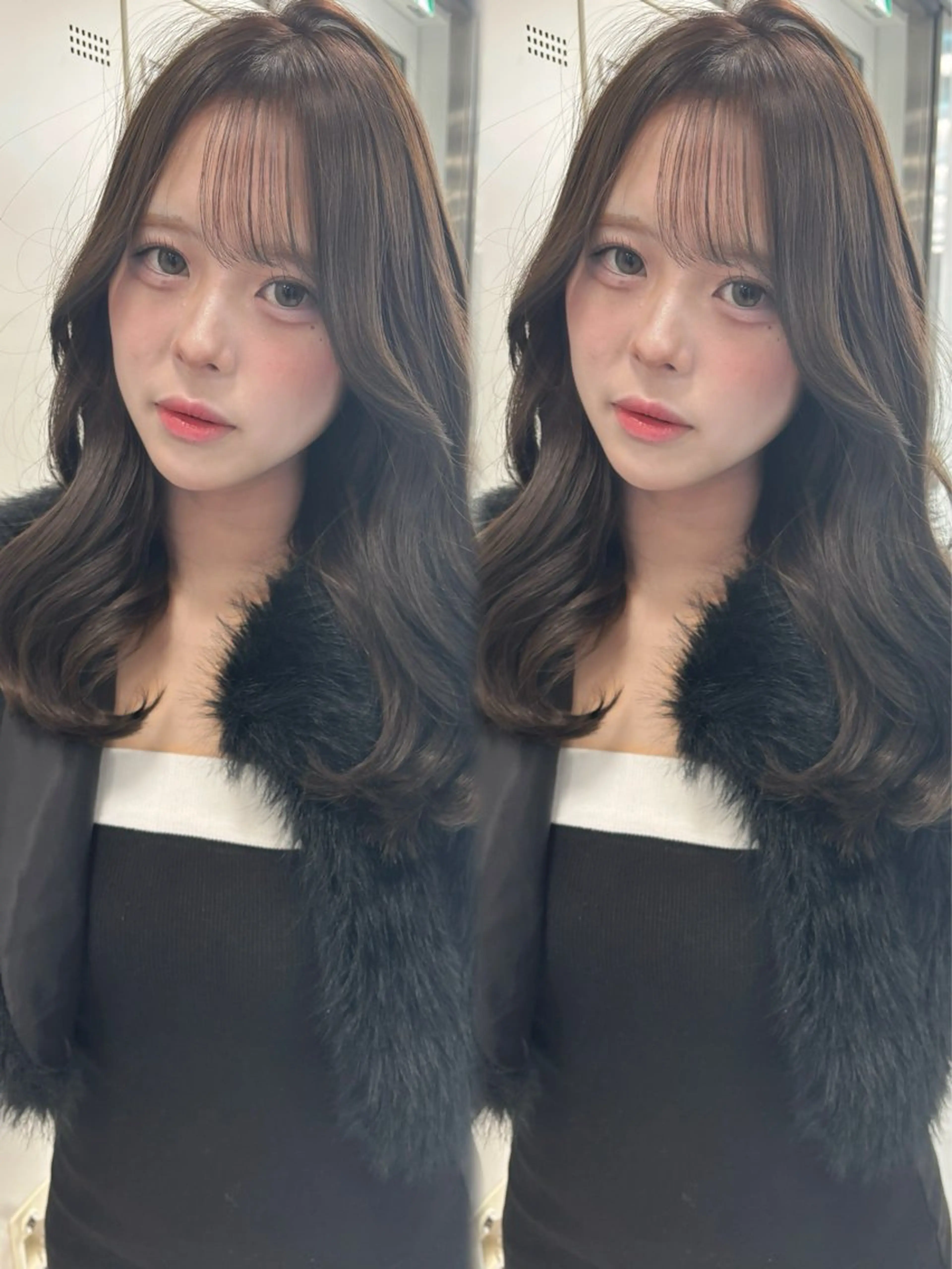 ロング ヘアカラー トリートメント ヘアセット 韓国ヘア/ブリーチ無 しWカラー/オリーブのヘアスタイル