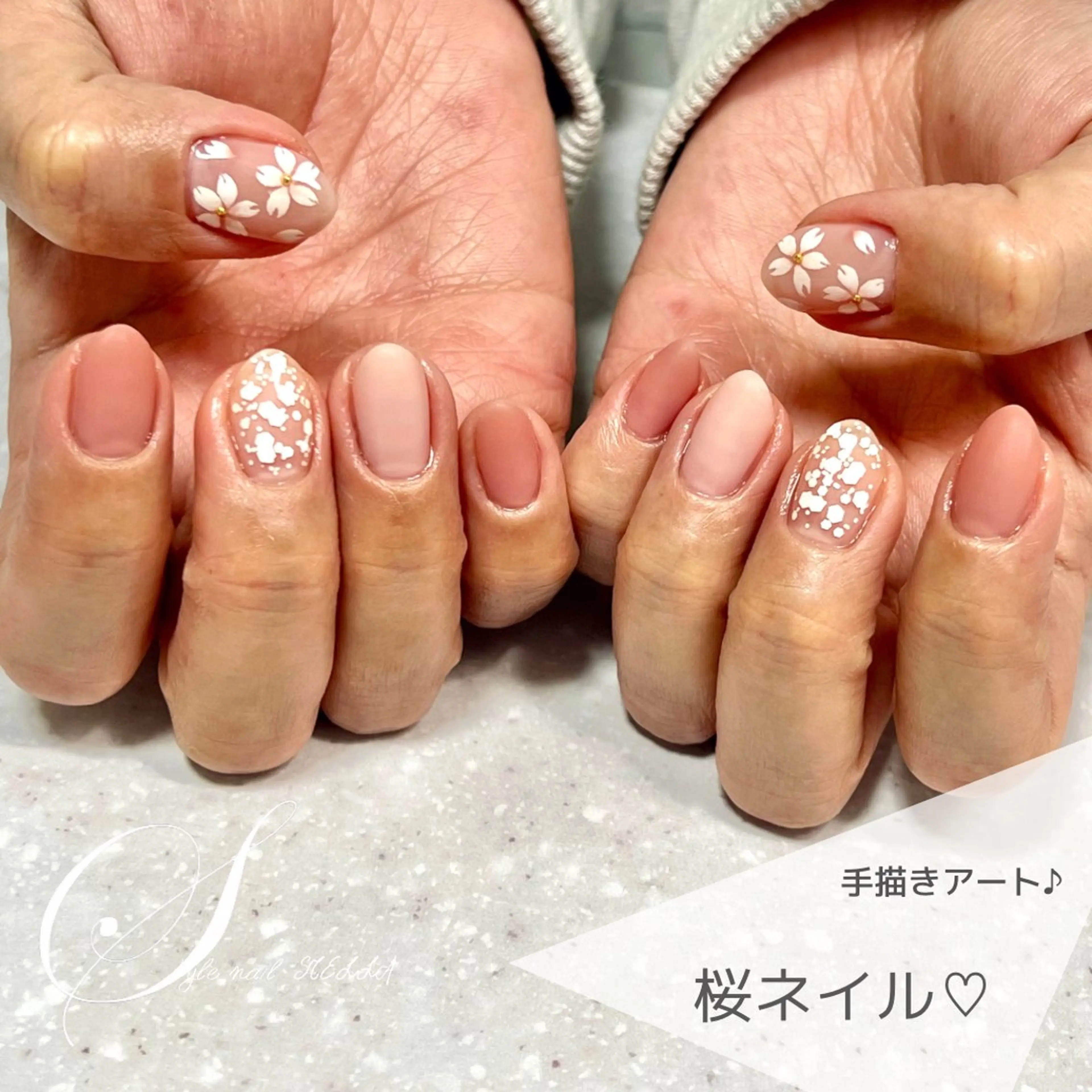 ネイル アートネイル 桜ネイル マットネイル ワンカラーネイル 春ネイル ハンドネイル ステラ marikominoのネイルデザイン