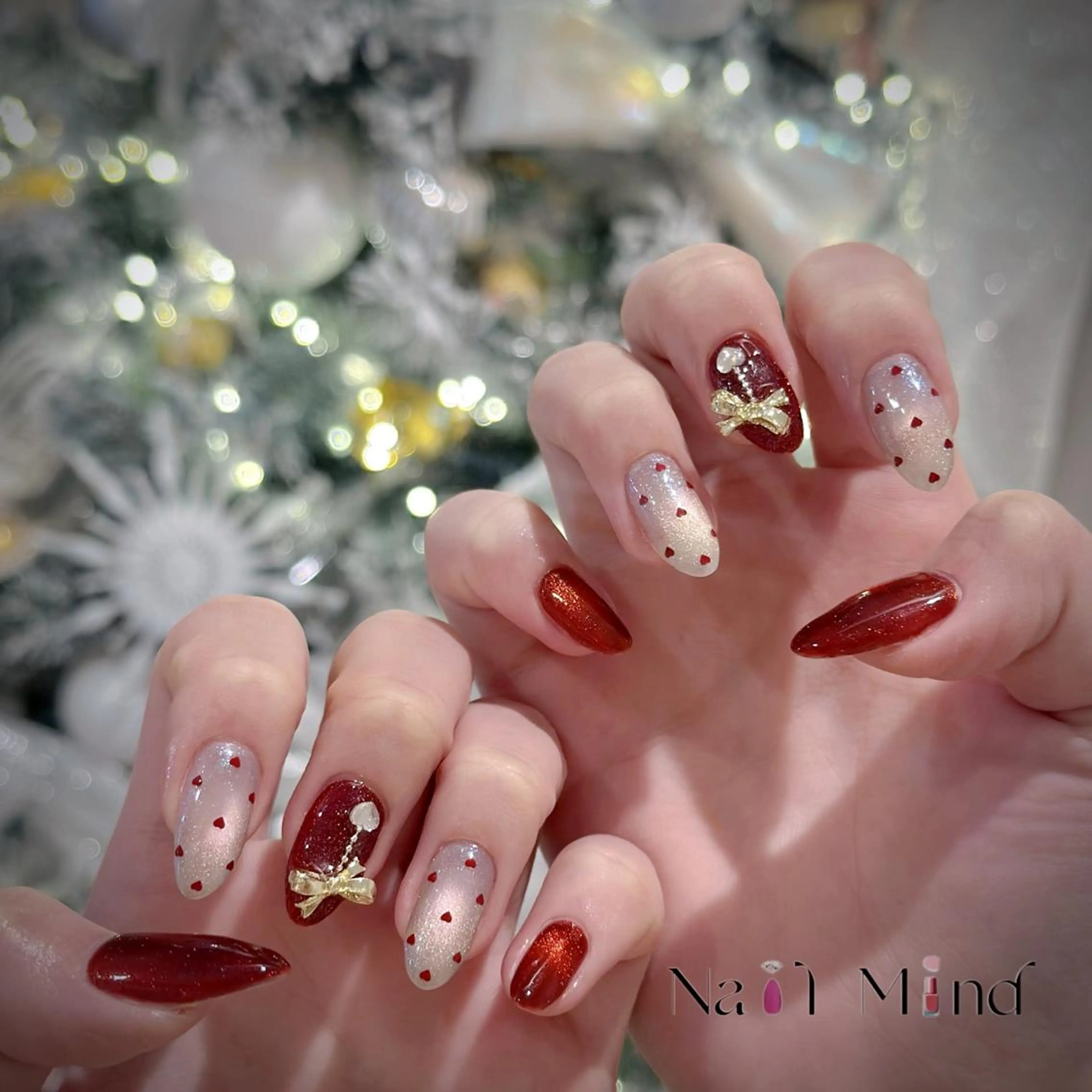 ネイル ハート ラメ(グリッター) マグネットネイル 赤色 リボン ハンドネイル NailMind イズミのネイルデザイン