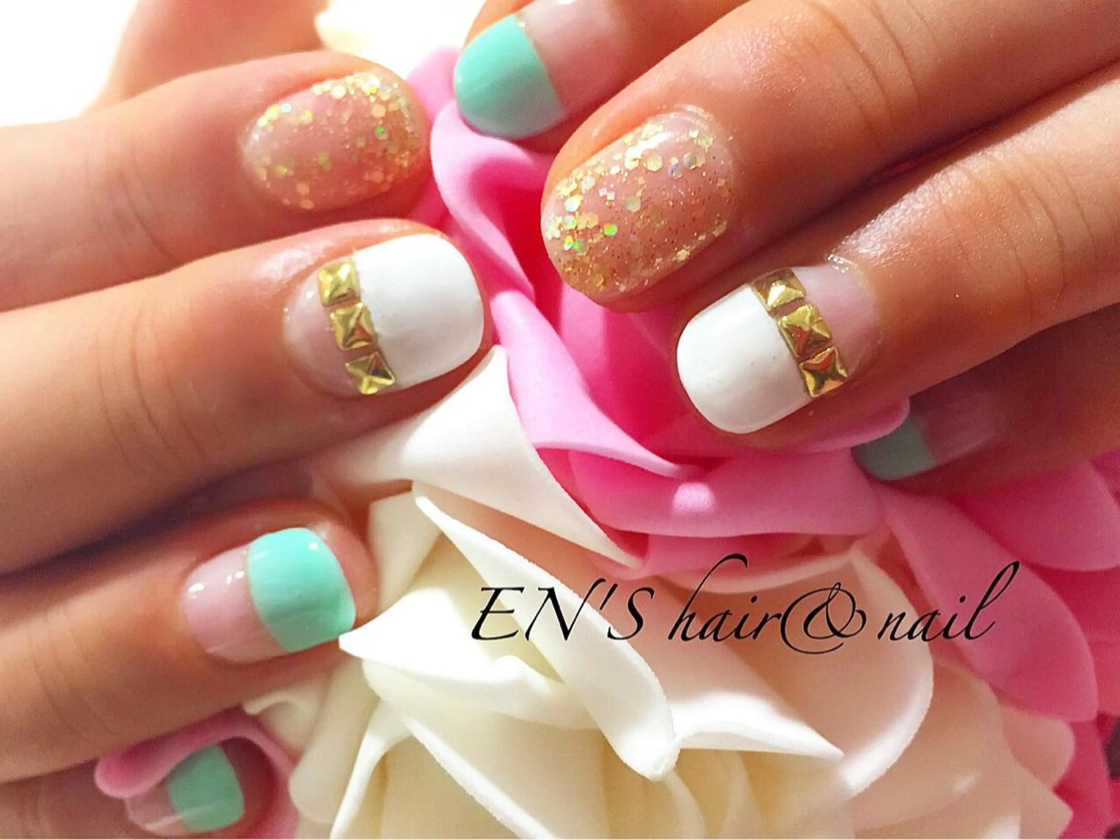 ネイル フレンチネイル グリーン フルリール 【プライベートサロンのネイルデザイン