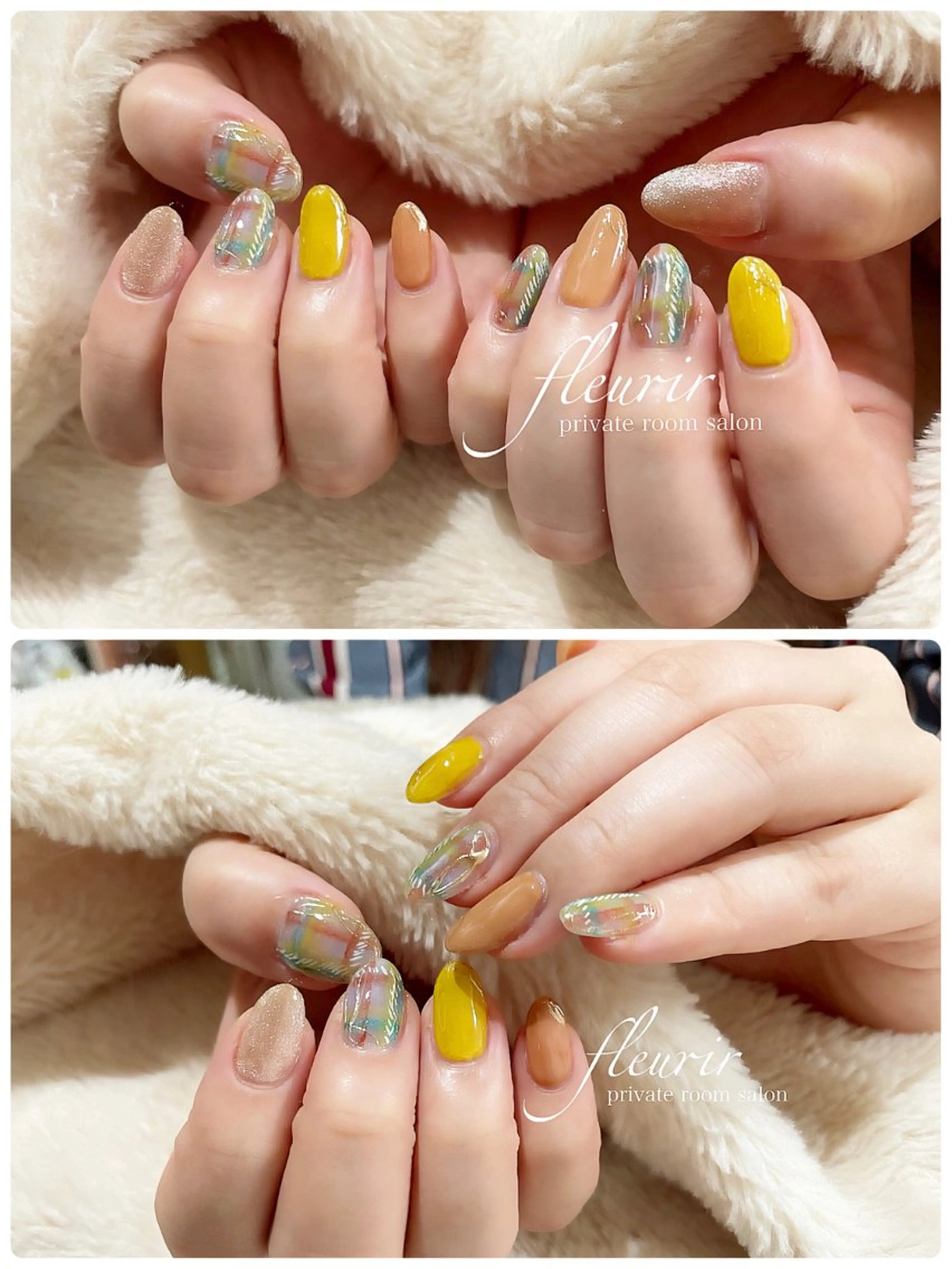 ネイル アートネイル ブラウン ゴールド ミラーネイル 黄色 フルリール 【プライベートサロンのネイルデザイン