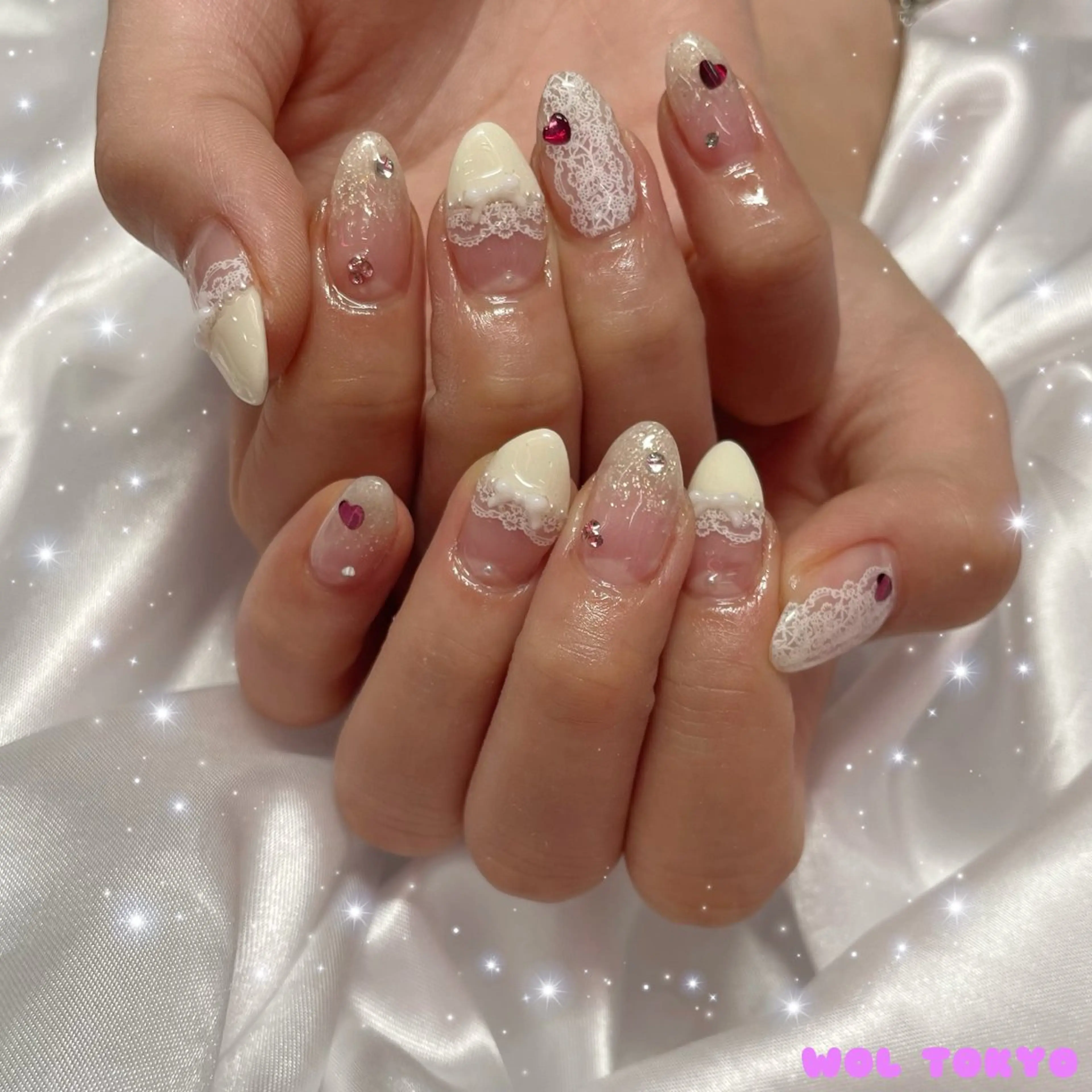 ネイル ガーリー レース ハンドネイル 💕WOLTOKYO 池袋💕maiのネイルデザイン