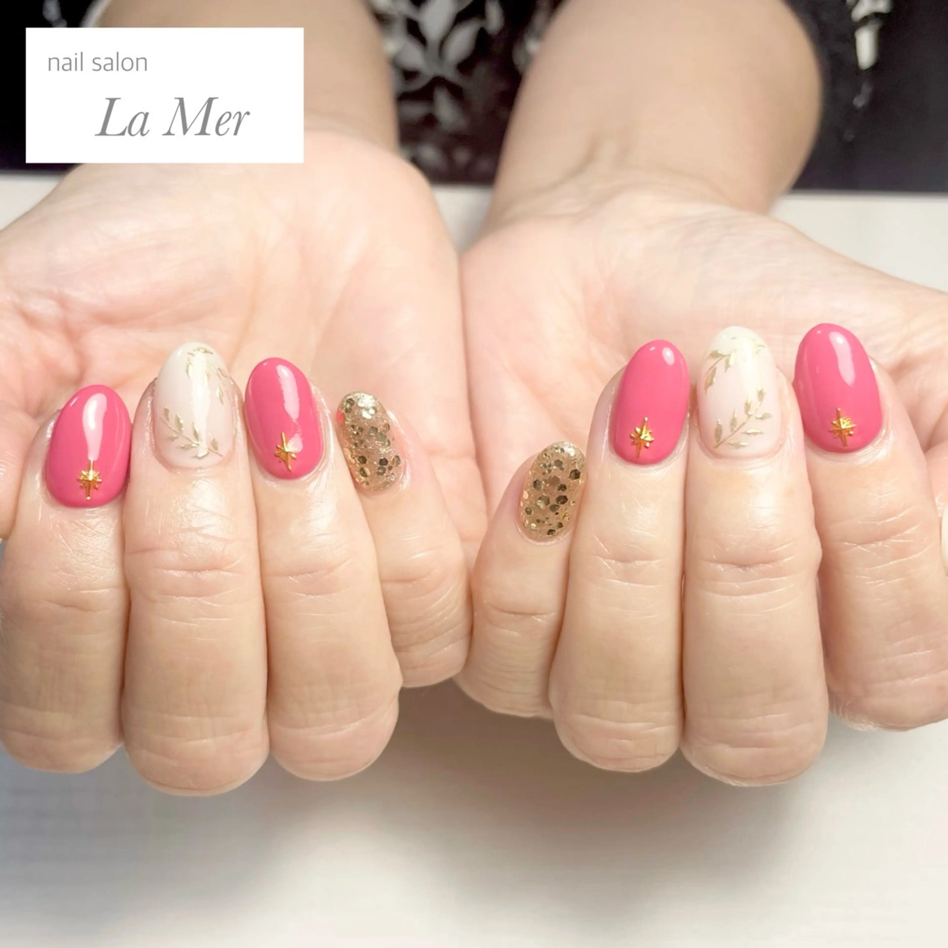 ネイル ゴールド ミラーネイル ピンク 春ネイル nailsalon La Merのネイルデザイン