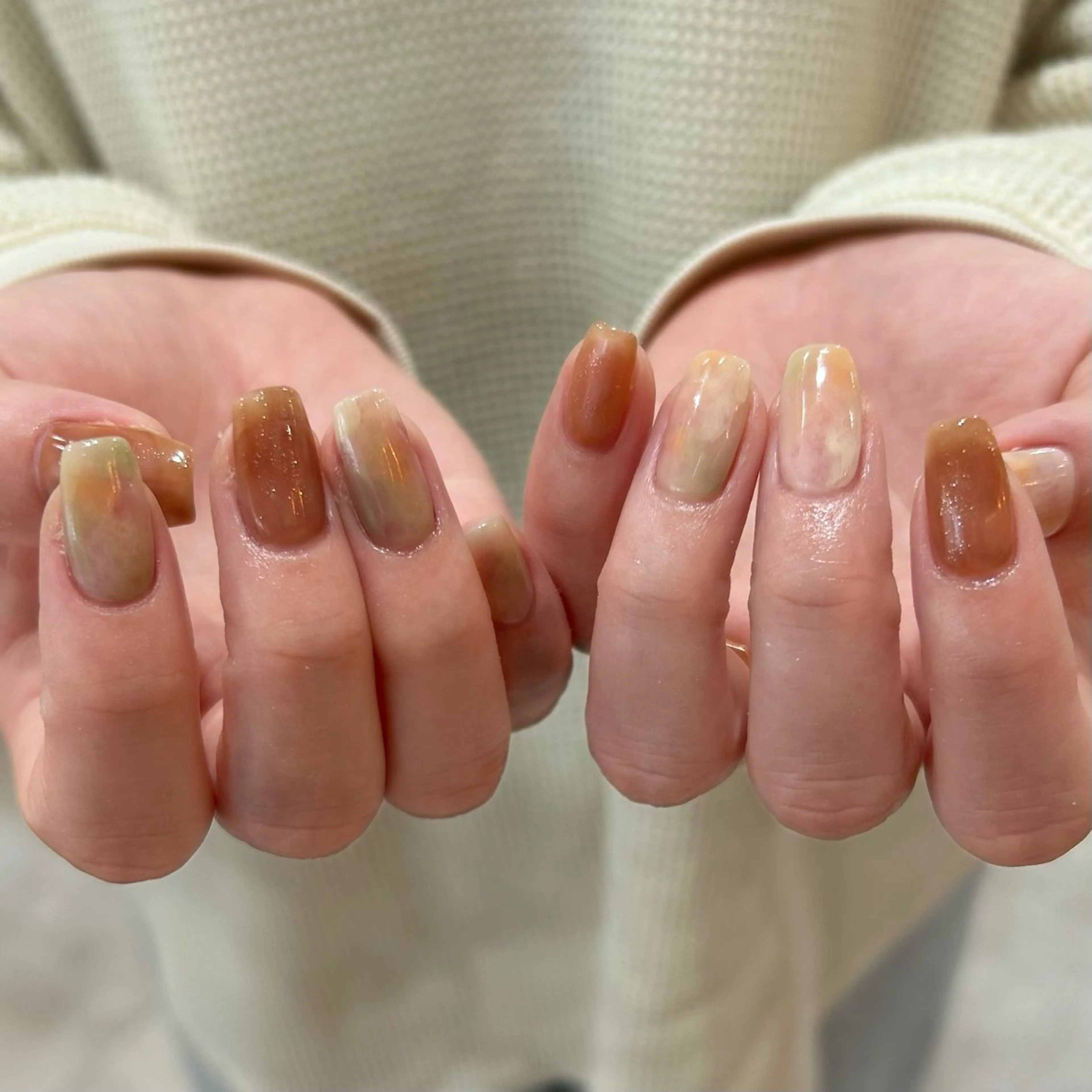 ネイル ブラウン ジェルネイル ニュアンスネイル オレンジ パラジェル ハンドネイル shio ♡ GW空きありのネイルデザイン