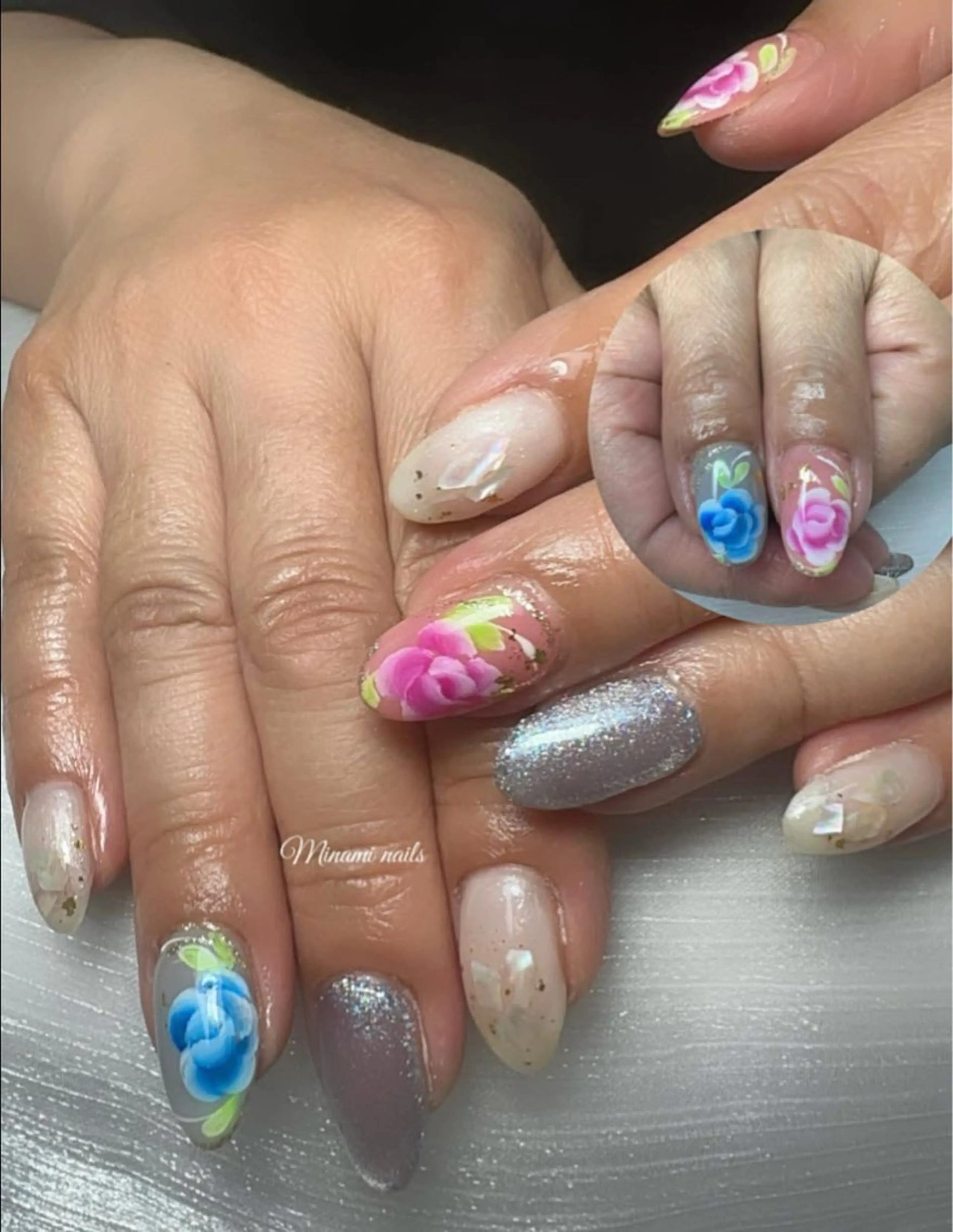 ネイル アートネイル オーロラネイル フラワーネイル ガーリー キラキラネイル ハンドネイル Minami Nailsのネイルデザイン