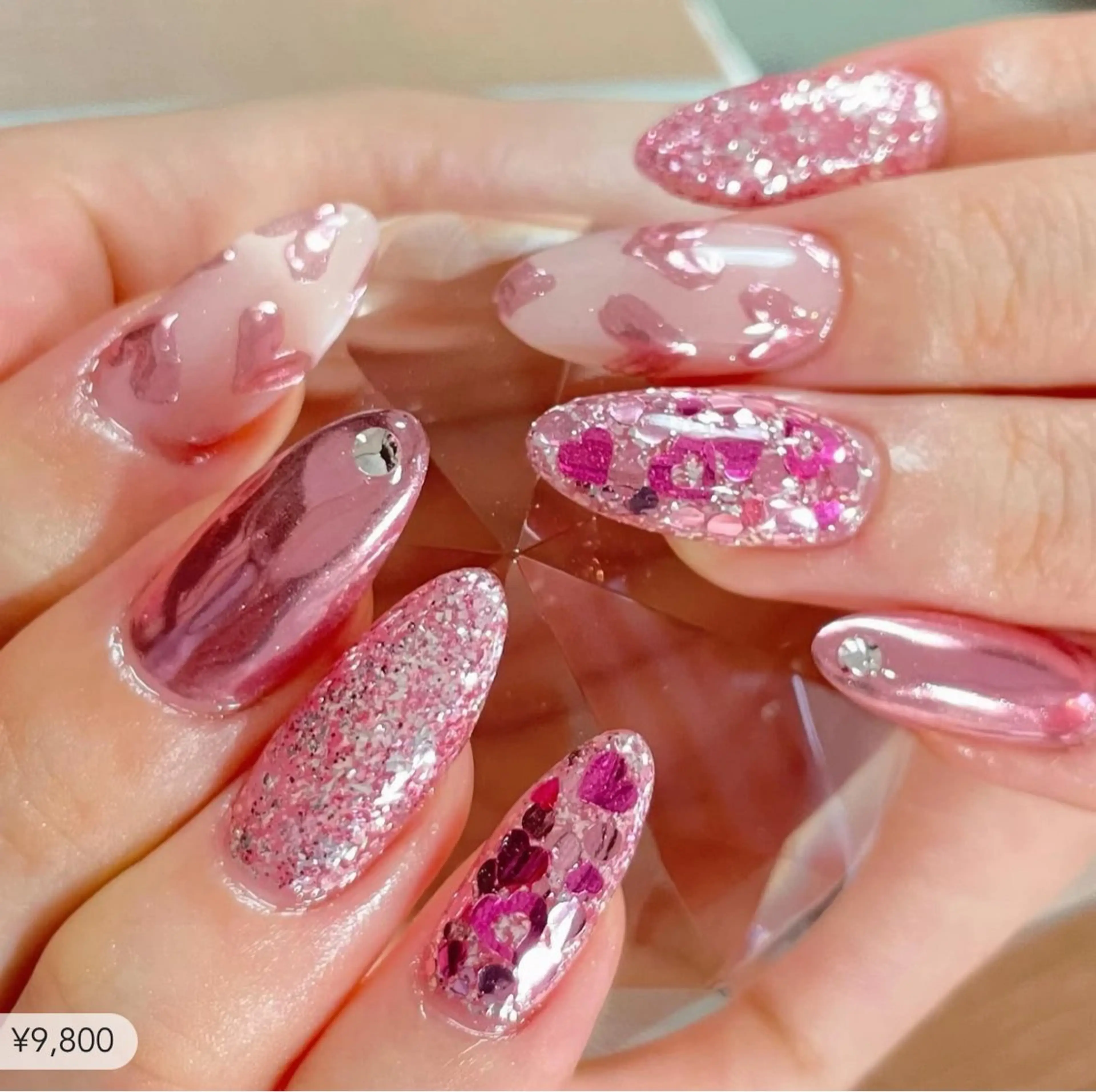ネイル ハート ラメ(グリッター) ミラーネイル ピンク スカルプネイル Nail Daisyのネイルデザイン