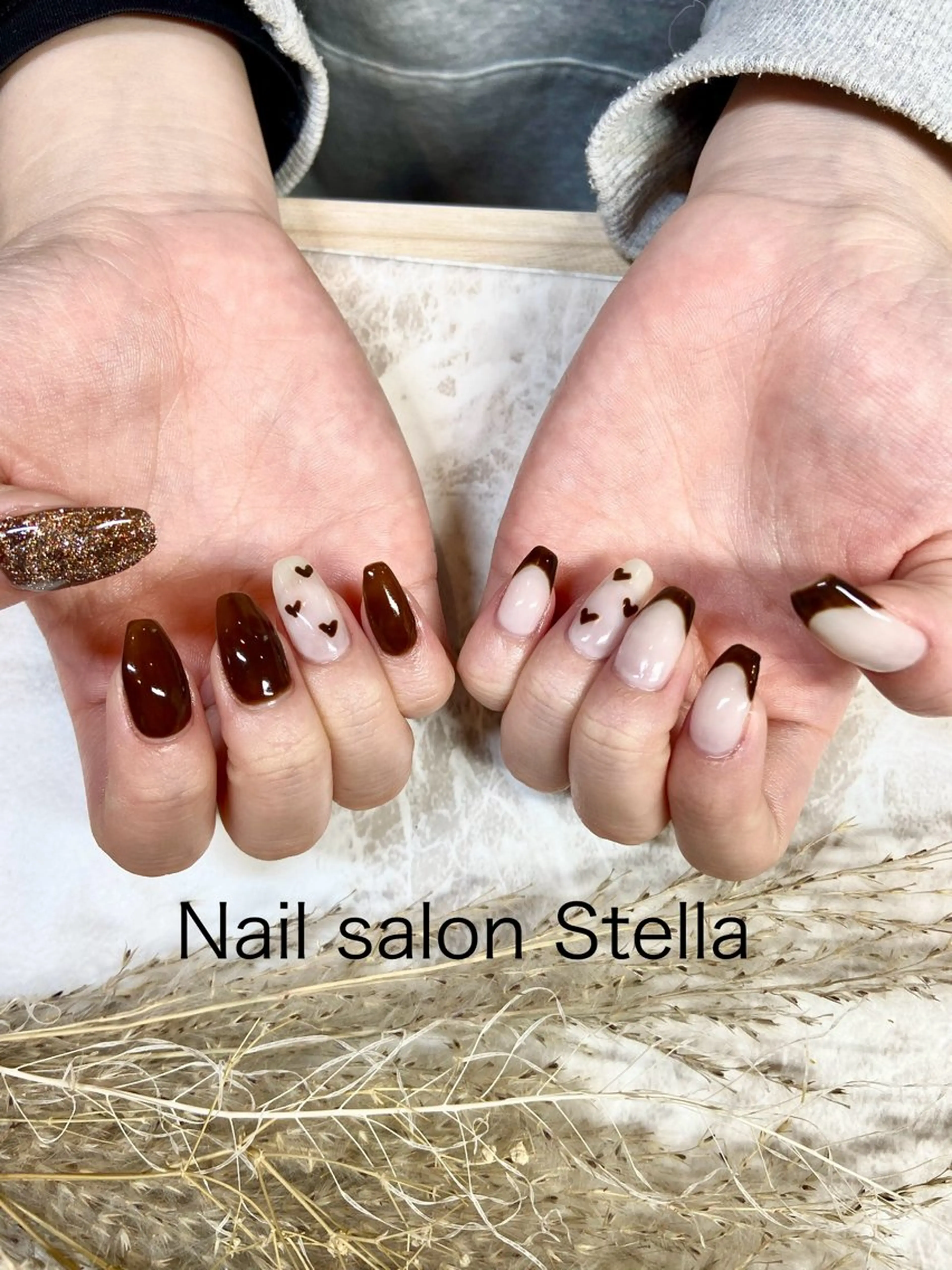 ネイル ブラウン ハート マグネットネイル バレンタイン ネイルサロン ステラのネイルデザイン