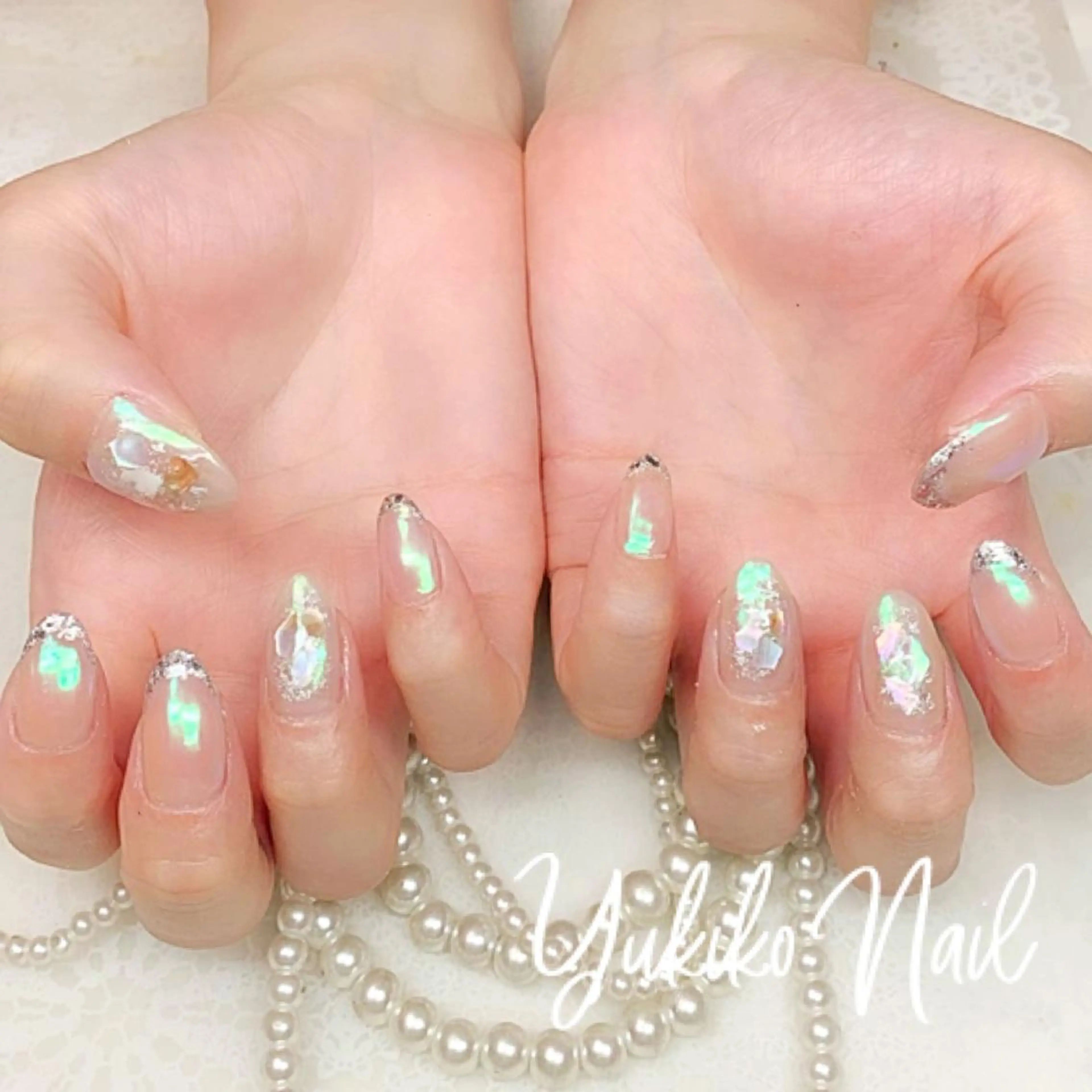 ネイル フレンチネイル ガラスフレンチ 氷ネイル・うるうるネイル 持ち込み ハンドネイル ユキコ ネイルのネイルデザイン