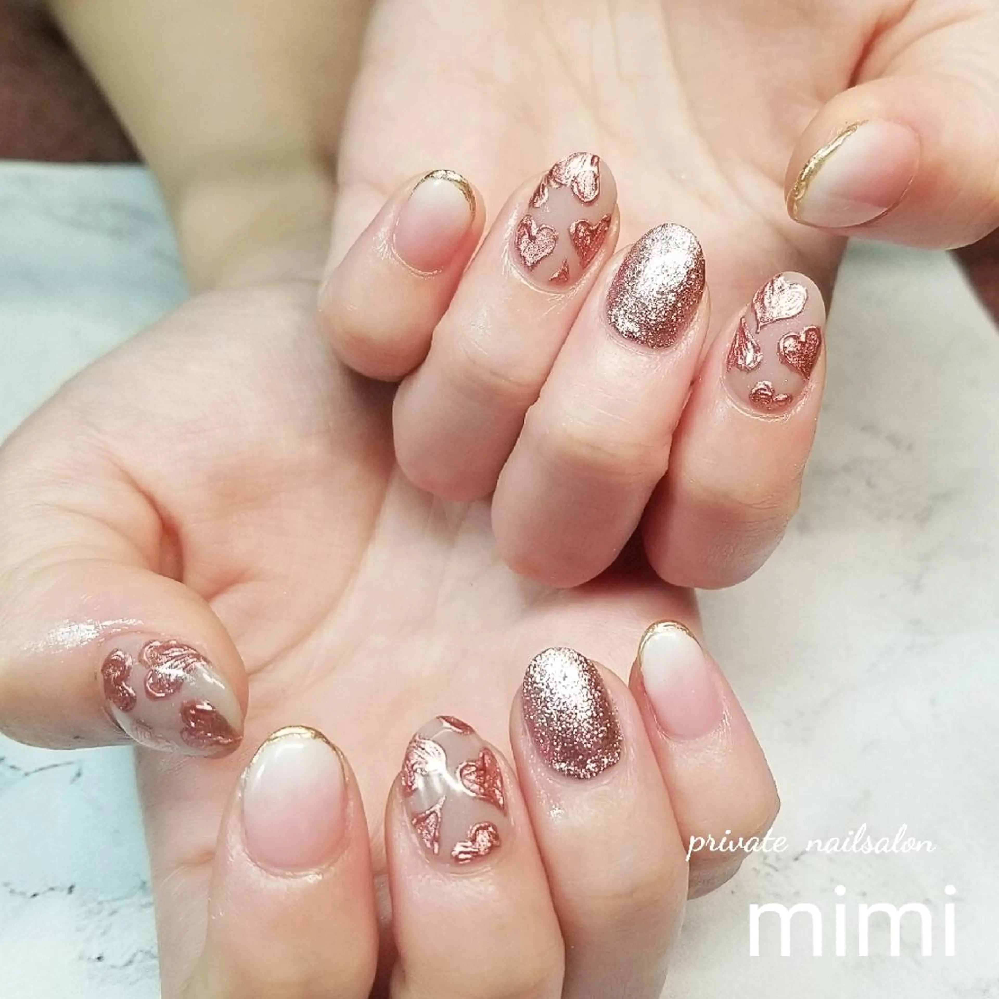 ネイル ハート ミラーネイル 持ち込み ハンドネイル 博多ネイル ｍｉｍｉのネイルデザイン