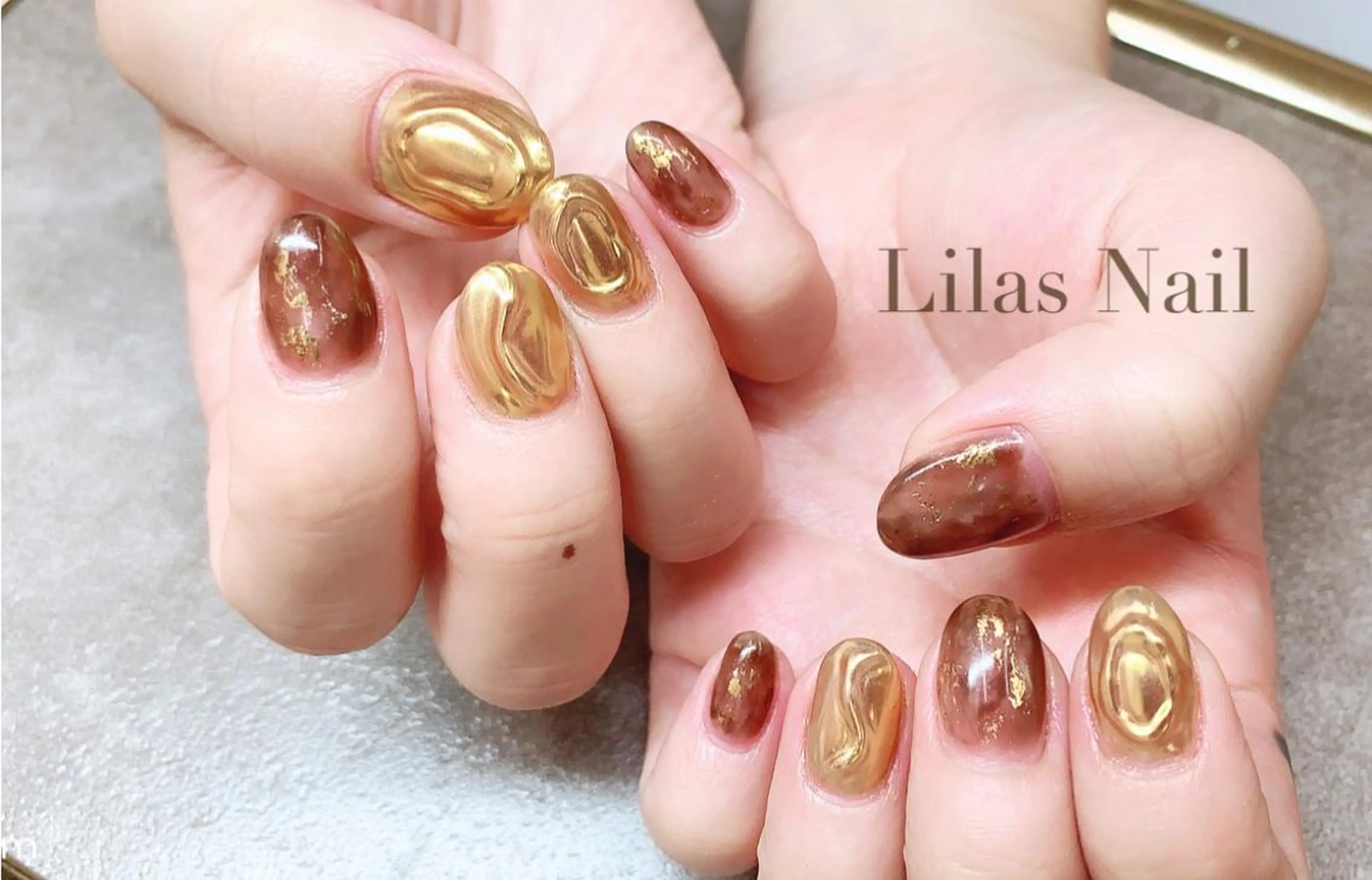 ネイル ブラウン ジェルネイル ゴールド ハードジェル ロングネイル Lilas Nailのネイルデザイン