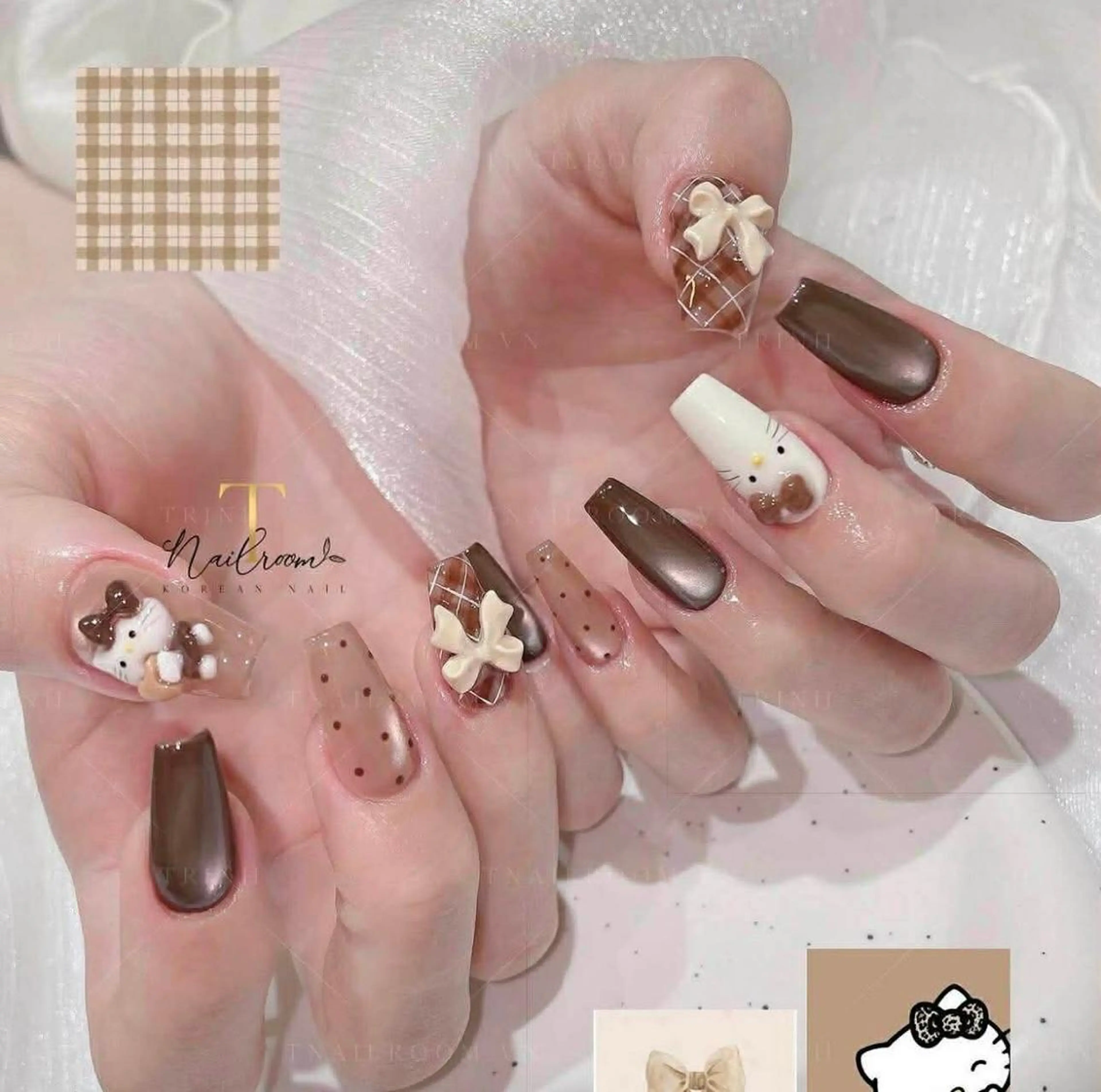 ロング 韓国風ヘア ハンドネイル 波 なみのネイルデザイン