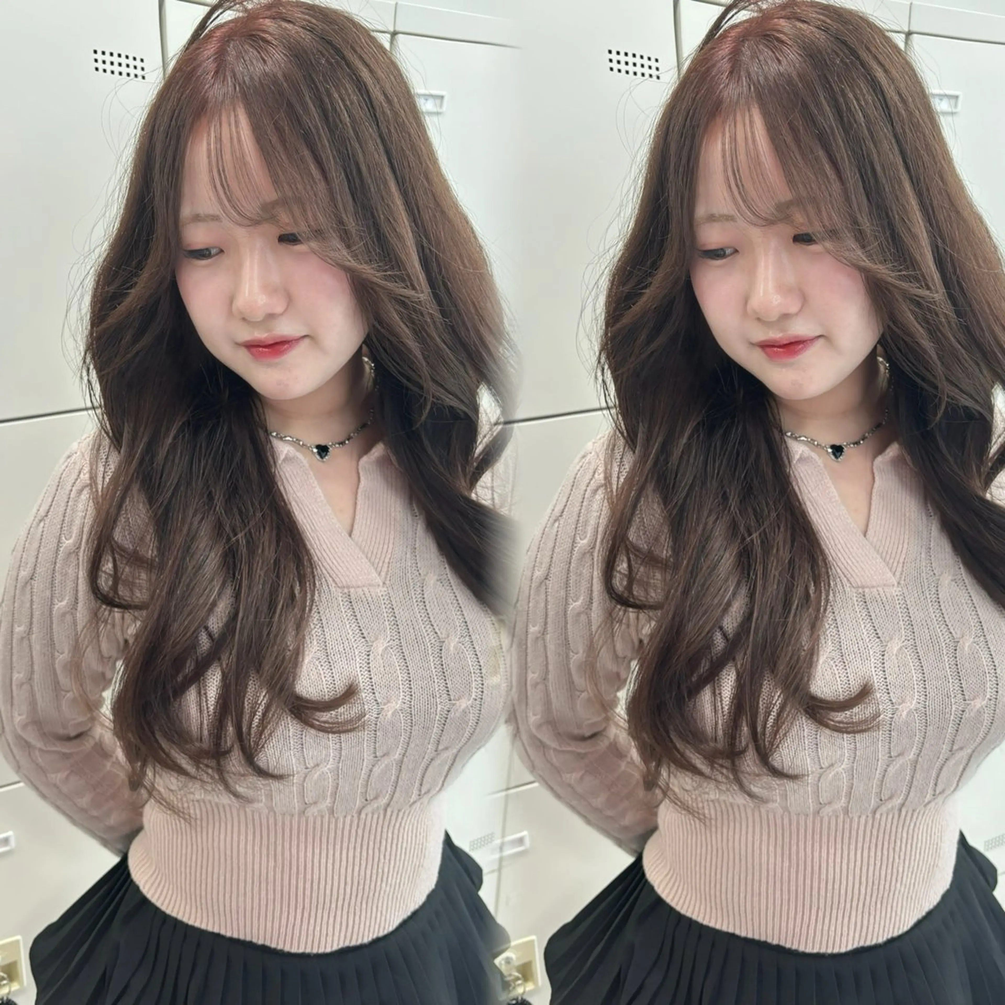 ロング カット ヘアカラー トリートメント 韓国ヘア/ブリーチ無 しWカラー/オリーブのヘアスタイル