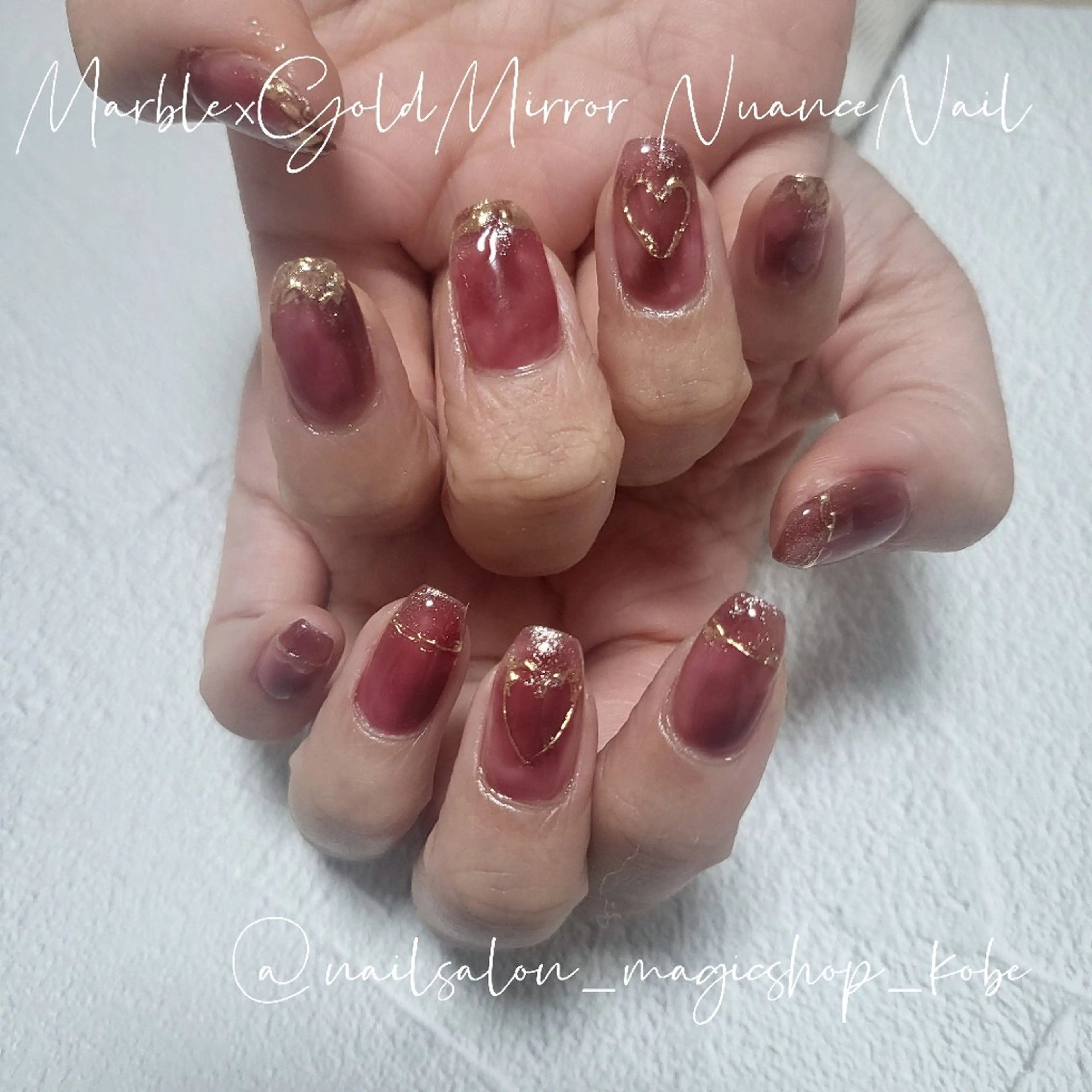 ネイル ボルドー ブラウン ジェルネイル ゴールド ハート ハンドネイル Nailsalon MagicShopのネイルデザイン