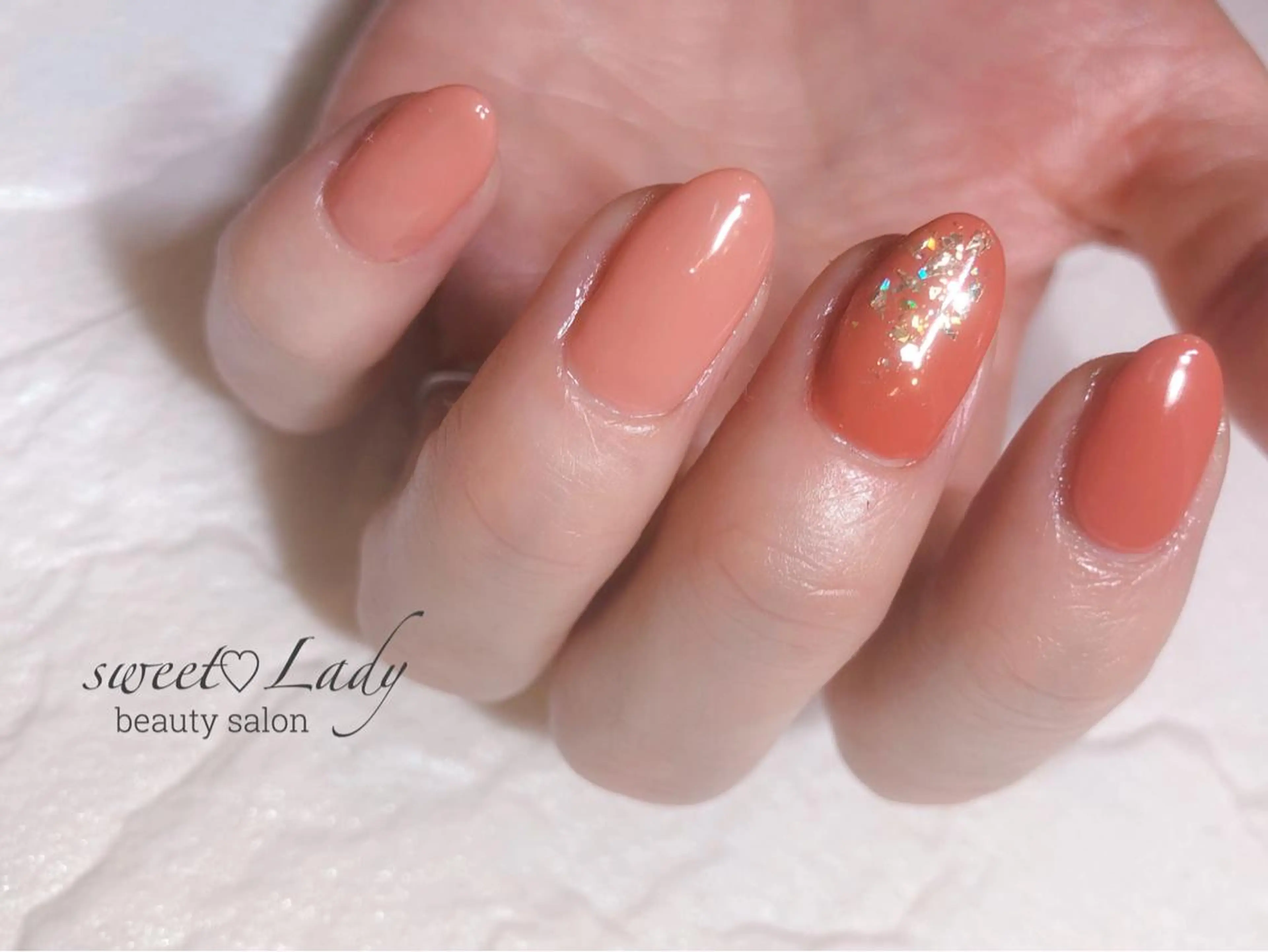 ネイル ラメ(グリッター) オレンジ ハンドネイル 藤本 まりこのネイルデザイン