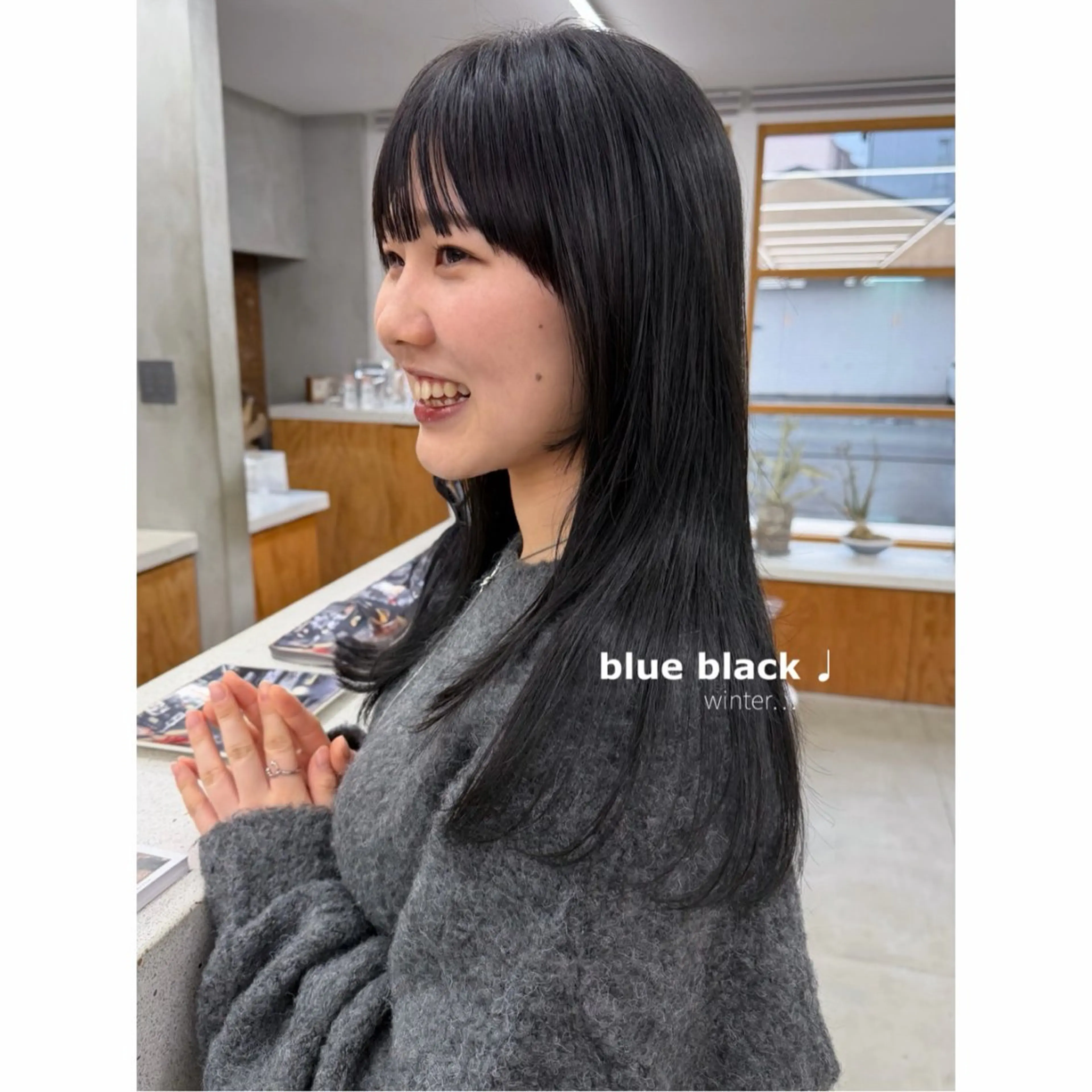 セミロング カラー 黒髪 ブルーカラー ブルーブラック 透明感カラー カット ヘアカラー トリートメント ボブパーマ/艶カラー 透明感カラー/ユメノのヘアスタイル