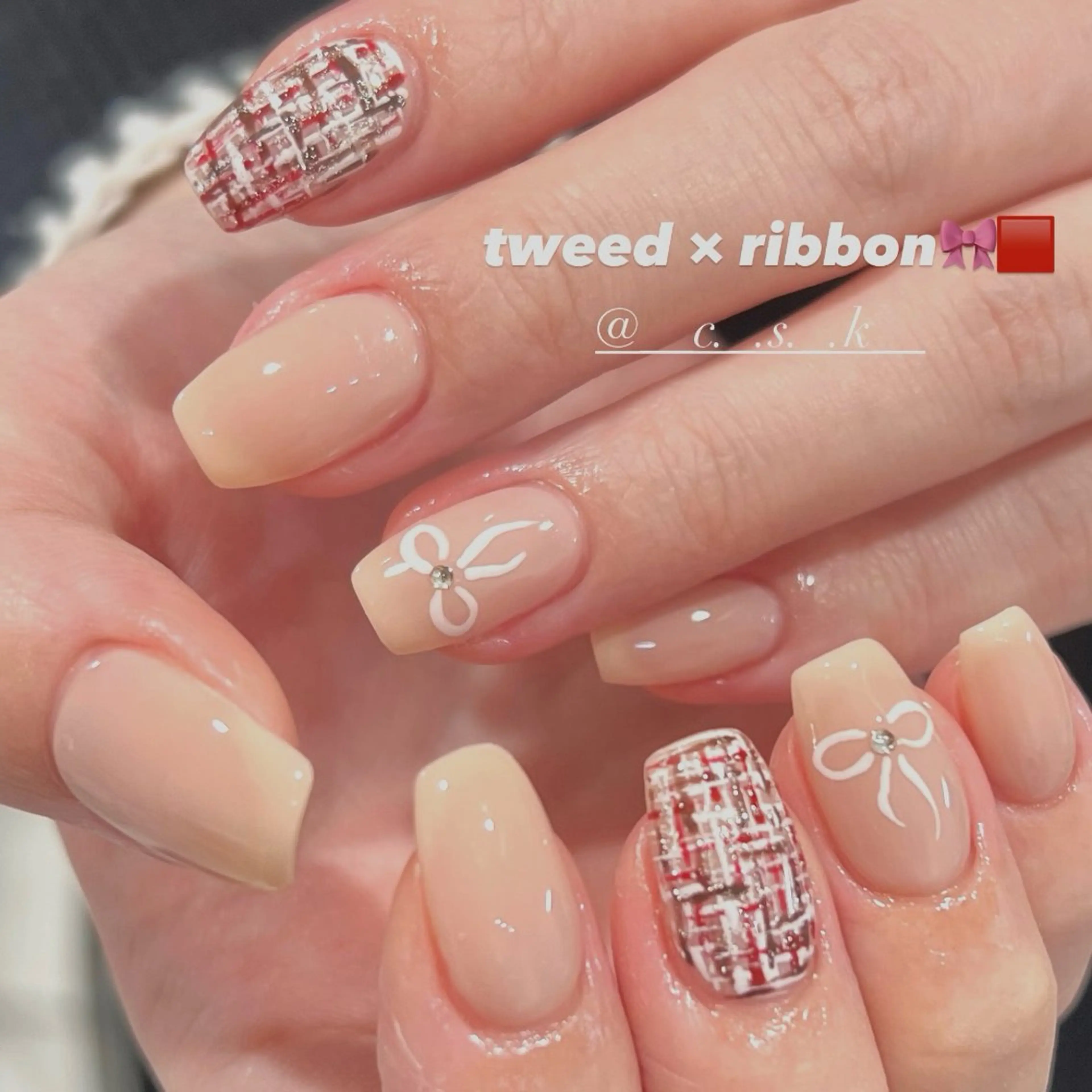ネイル ツイードネイル ハンドネイル 🎀チーク/ちゅるん 🫧chisa🎀のネイルデザイン