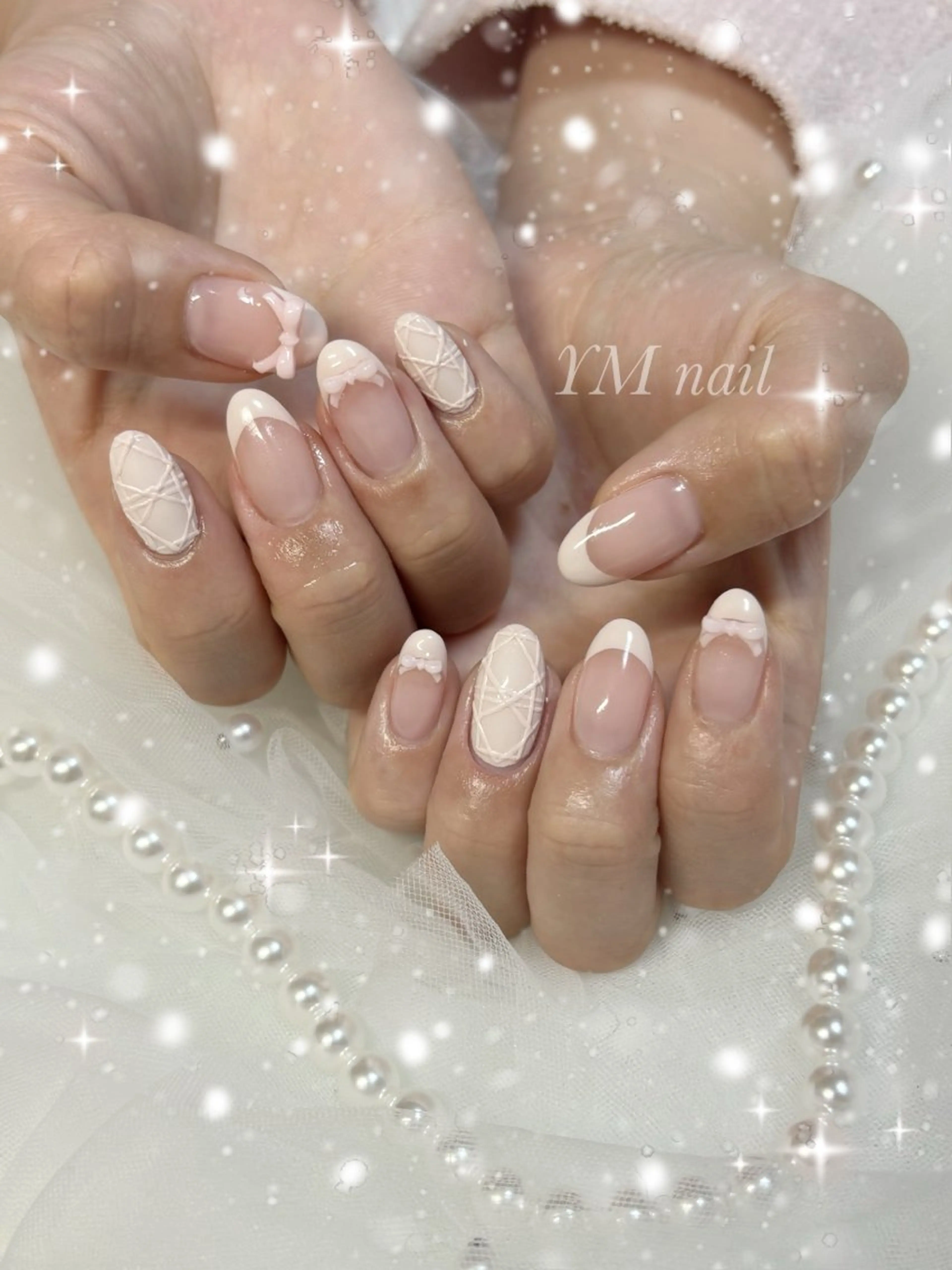 ネイル フレンチネイル ピンク リボン 春ネイル ハンドネイル YM nailのネイルデザイン