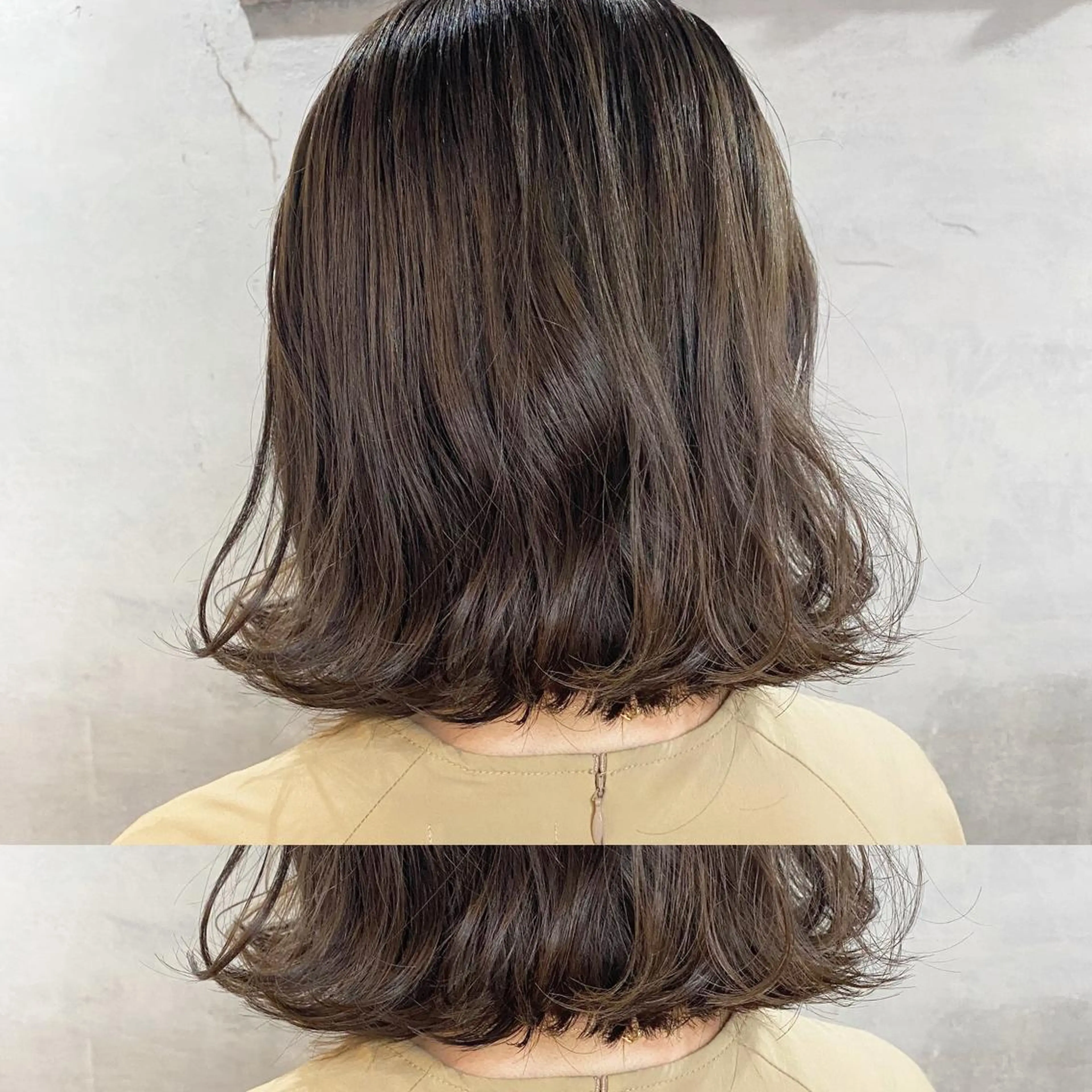 ミディアム カラー グレージュ カット ヘアカラー トリートメント ツキノキ ミナのヘアスタイル