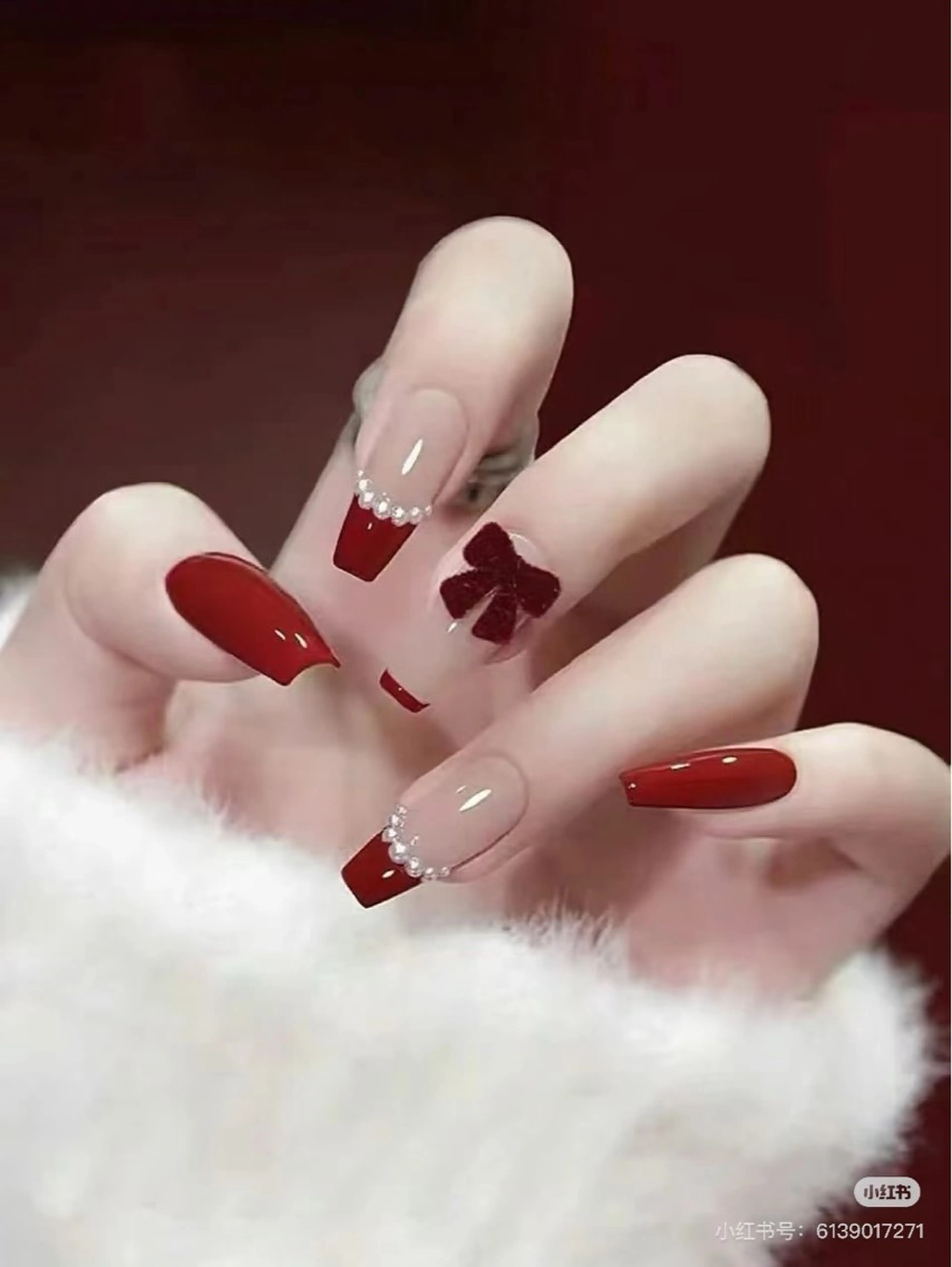 ネイル 成人式 大理石ネイル(マーブル) リボン ネイルチップ 冬ネイル ハンドネイル MoMoA Nail ネイル長さ出し専門店のネイルデザイン