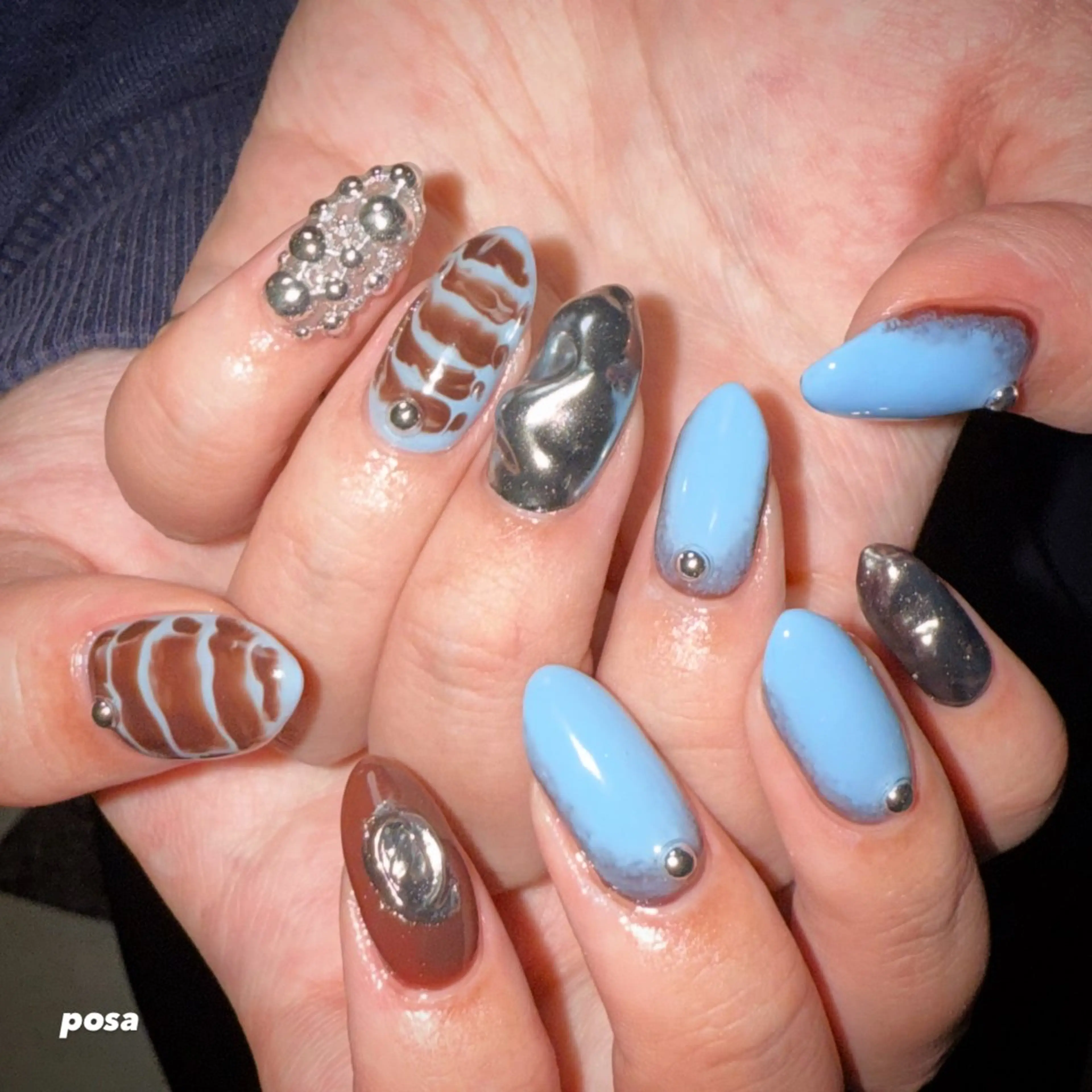 ネイル ブラウン 水色 持ち込み シンプルネイル ハンドネイル posa nail モエミのネイルデザイン