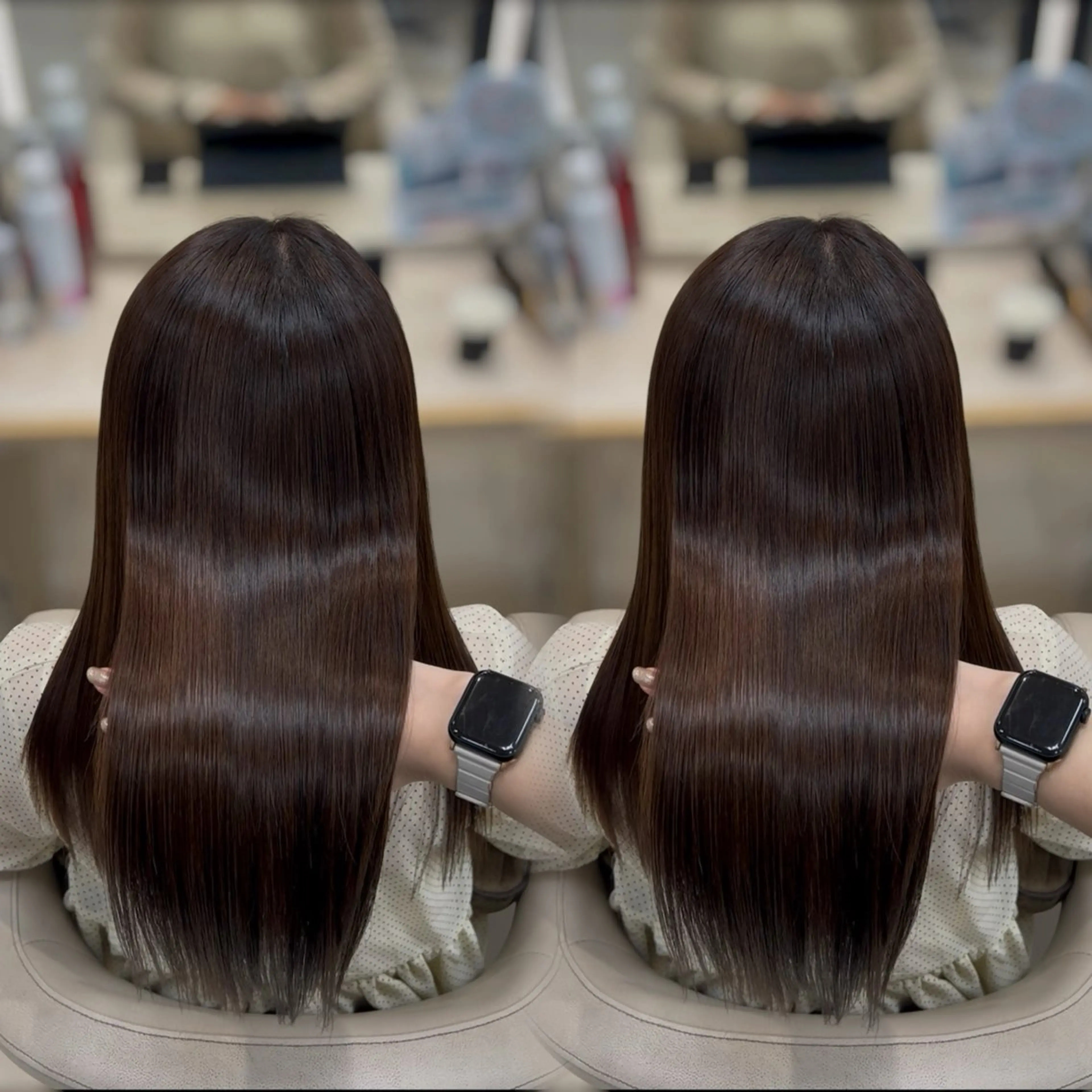 ロング カラー パーマ 縮毛矯正 縮毛矯正 ベージュ/つや髪/ レイヤー／ゆいなのヘアスタイル