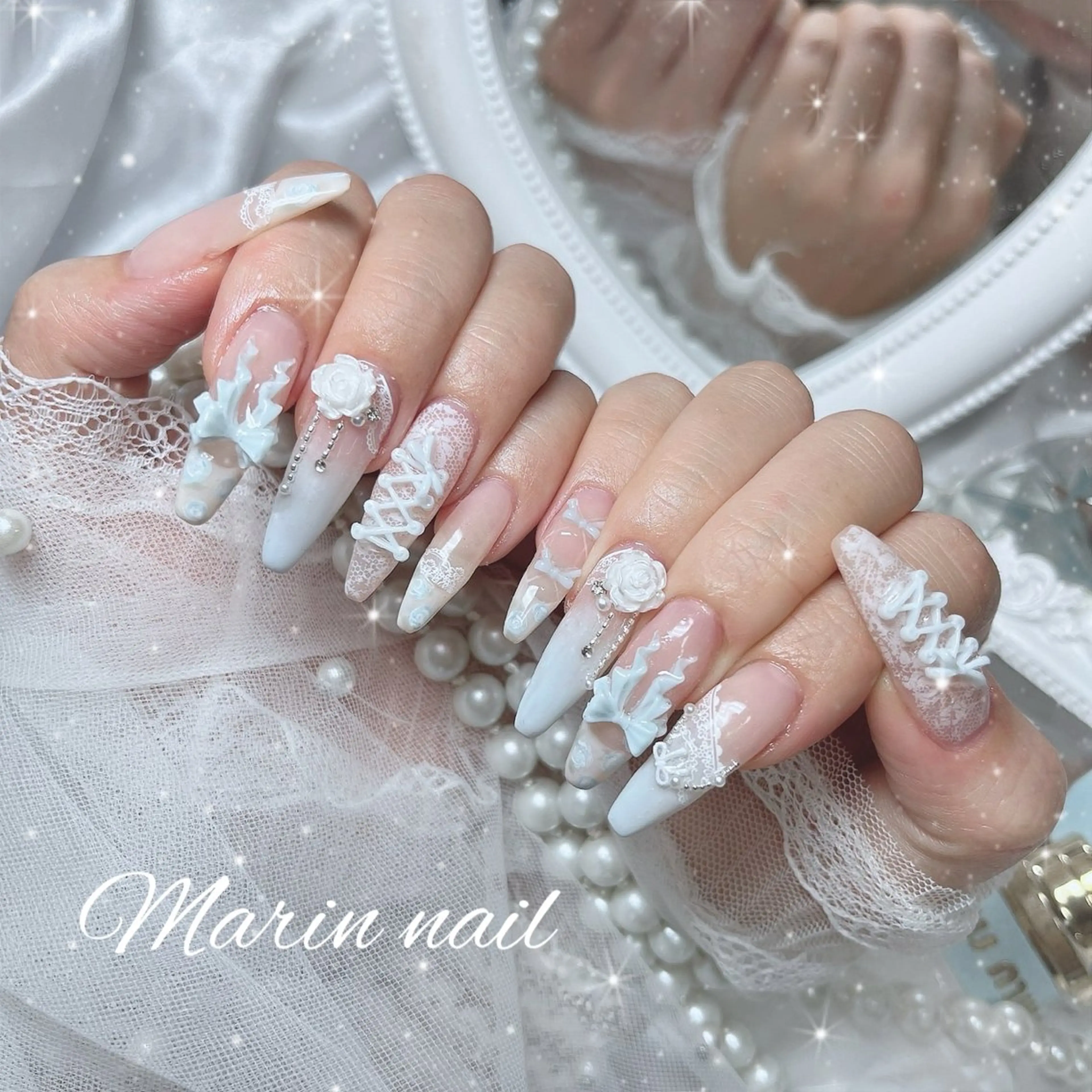 ネイル アートネイル ガーリー 水色 ハンドネイル Marin nailのネイルデザイン