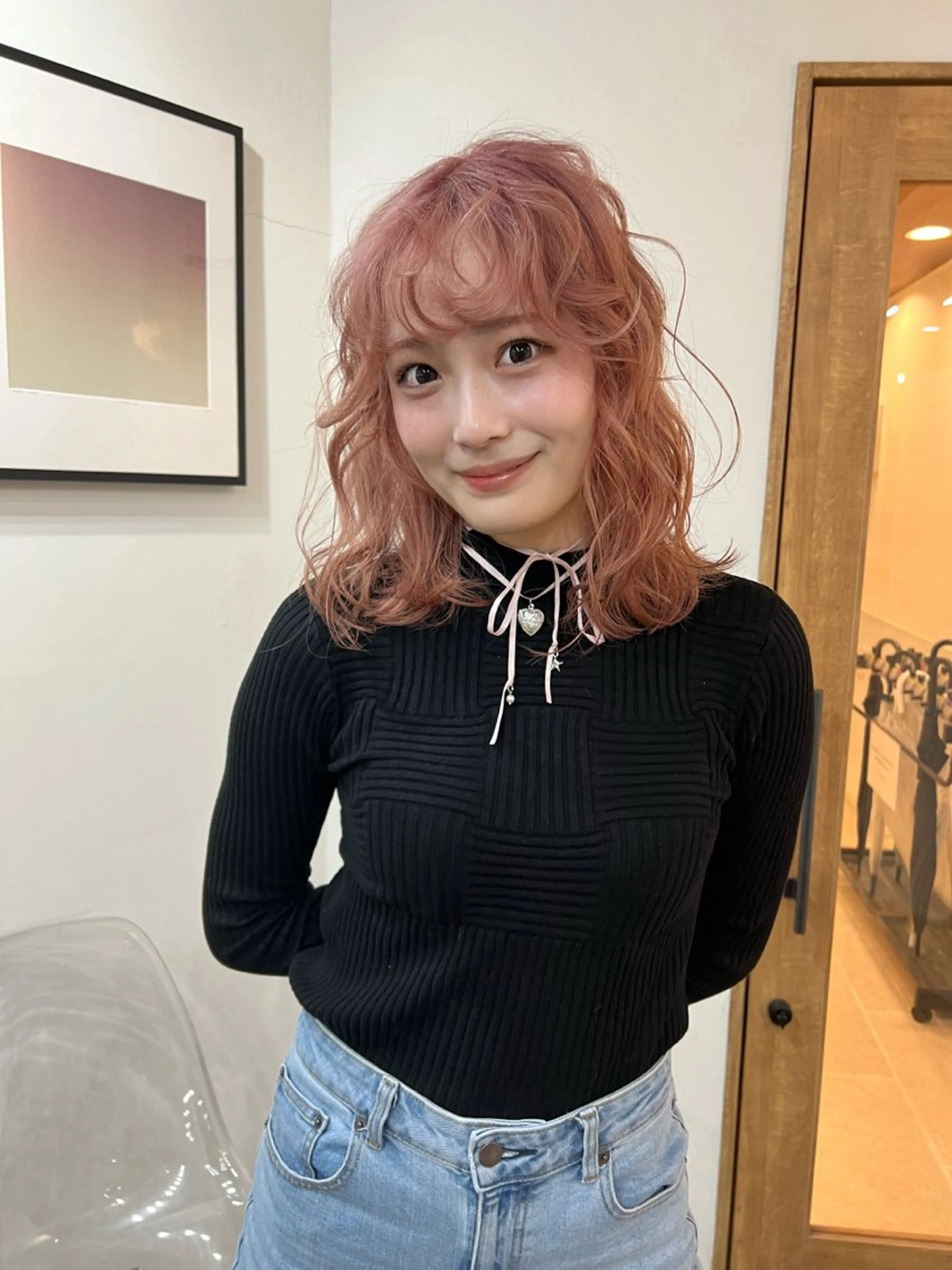 ミディアム カラー ベージュカラー ピンクカラー ピンクベージュ いざわりお /梅田/ブリーチのヘアスタイル