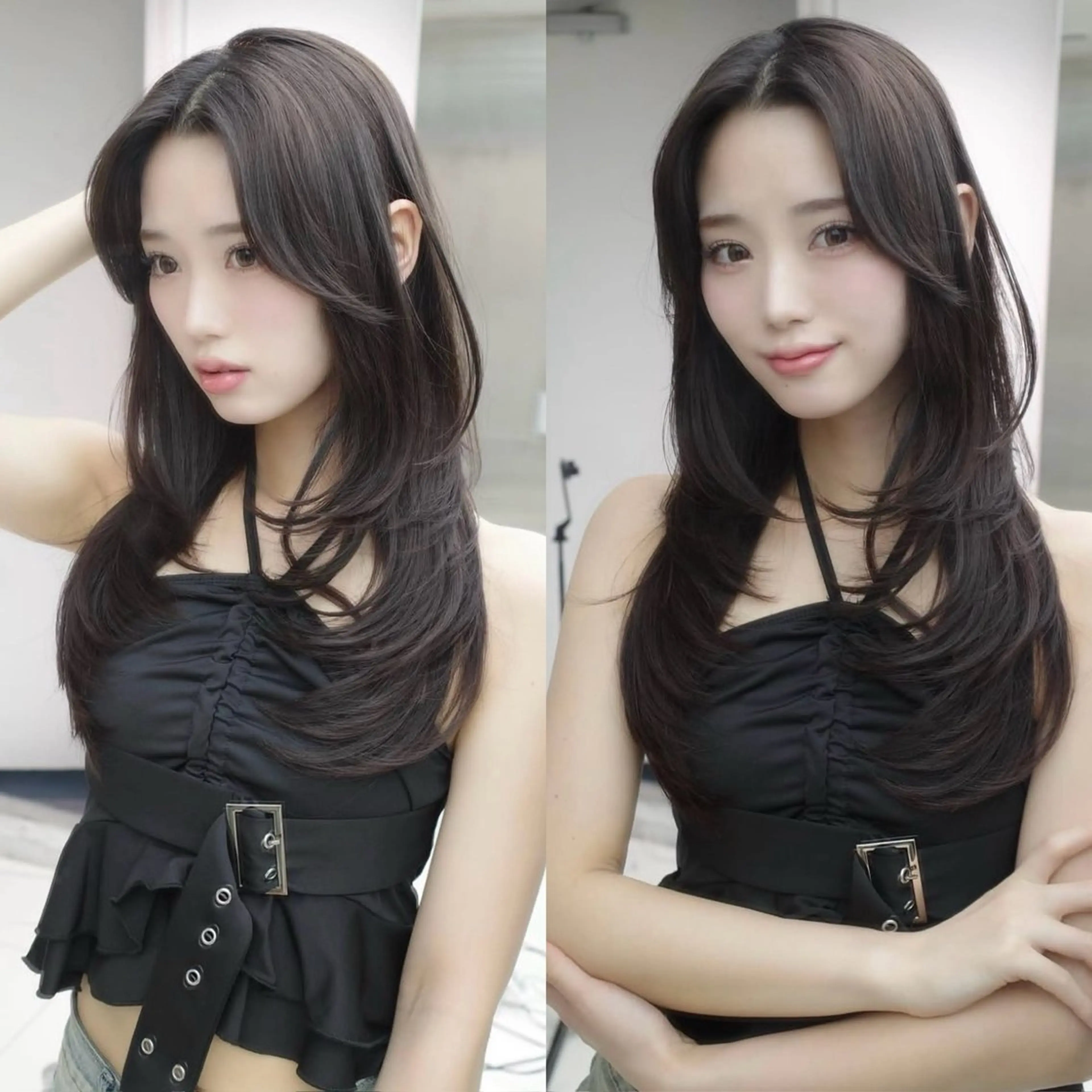 セミロング くびれヘア 顔周りカット ハイレイヤー 韓国風ヘア レイヤーカット カット トリートメント がわ/ハイレイヤー /ハイトーンカラーのヘアスタイル