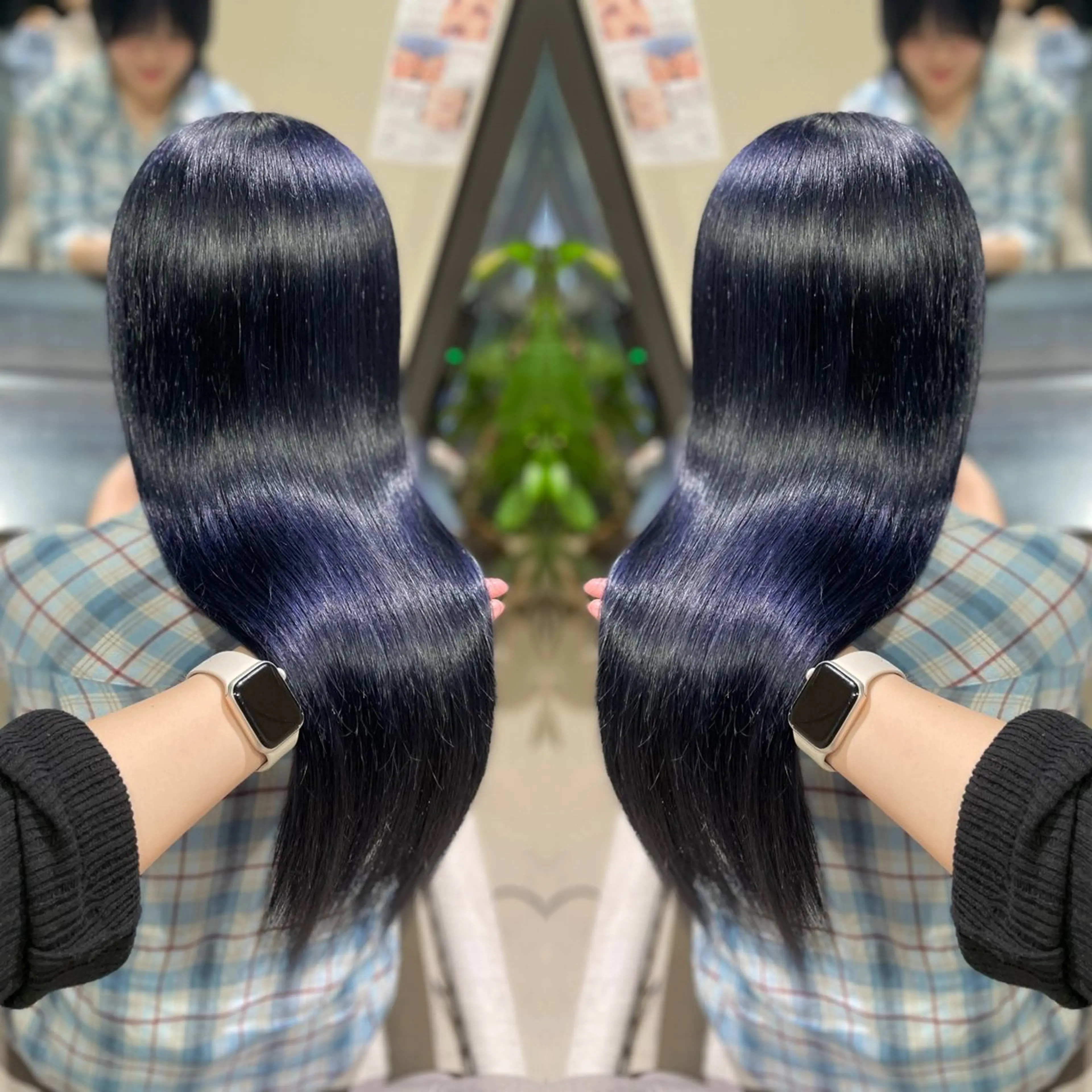 ロング カラー ベージュカラー 黒髪 ブルーカラー ブルーブラック ダブルカラー ヘアカラー 🦋美髪／エクステ 🦋アベイクミのヘアスタイル