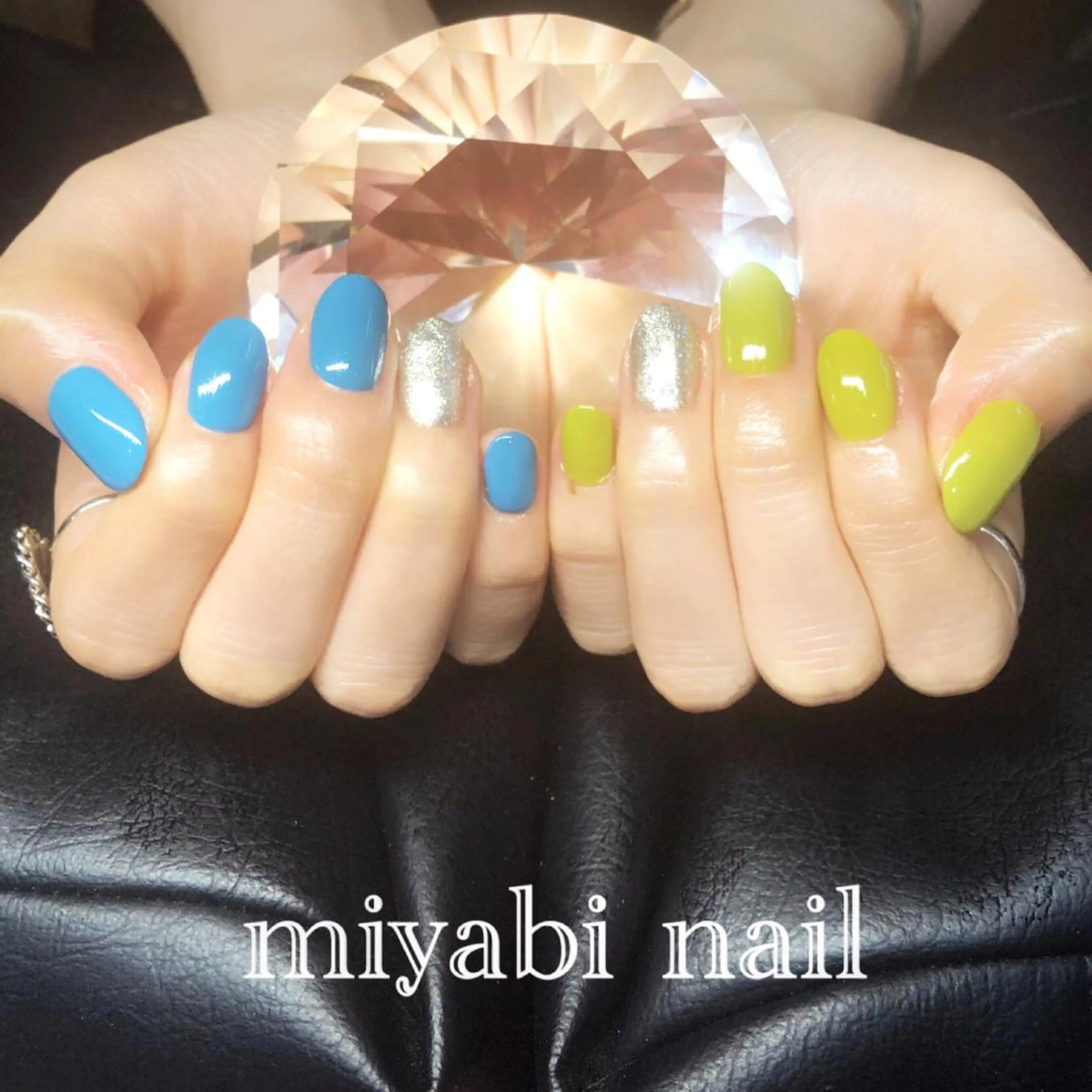 ネイル ブルー ジェルネイル グリーン ラメ(グリッター) シルバー ハンドネイル miyabi nail 桂川駅近くのネイルデザイン