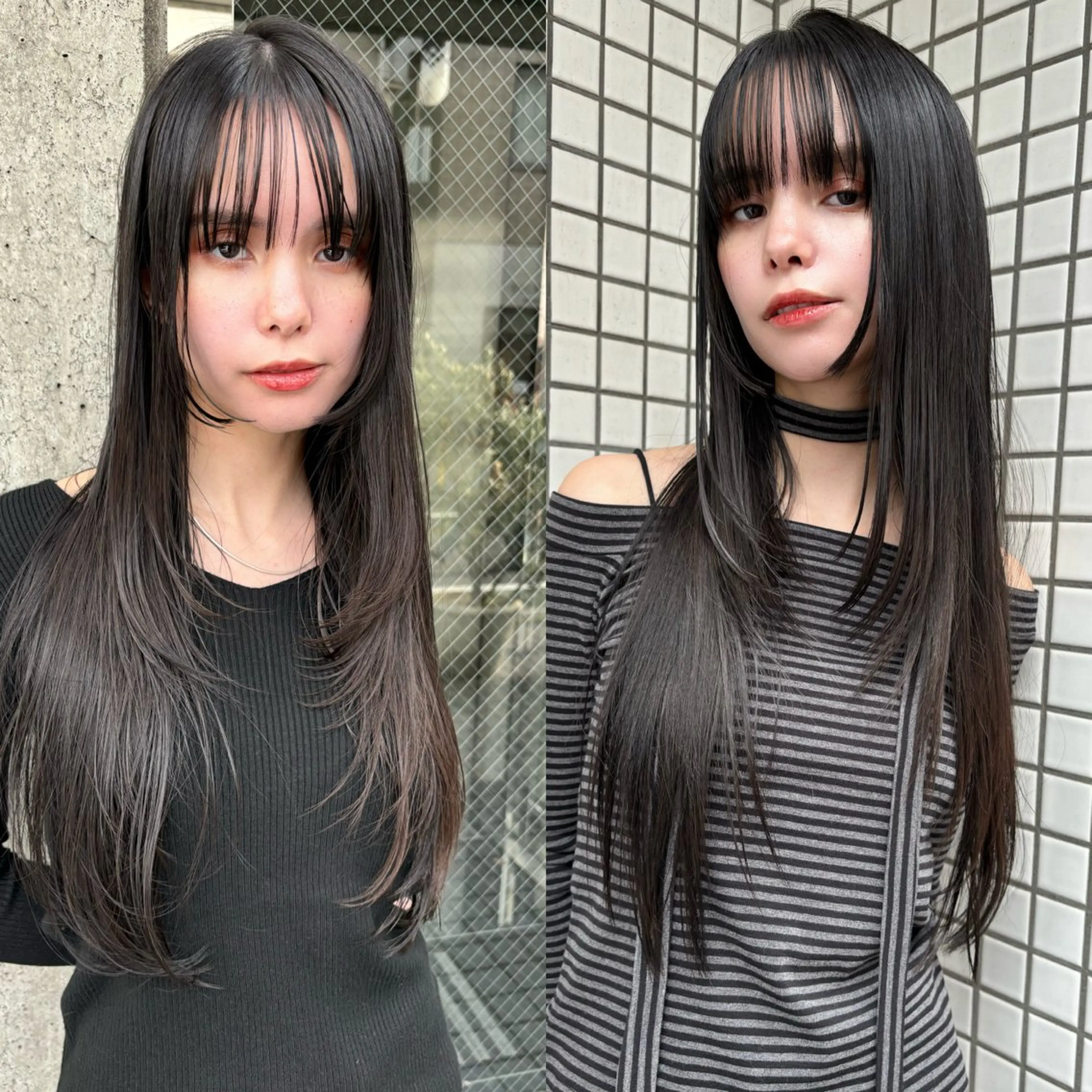 ロング カラー 顔まわりレイヤー 顔周りカット ハッシュカット レイヤーカット カット 縮毛矯正 トリートメント green 表参道のヘアスタイル