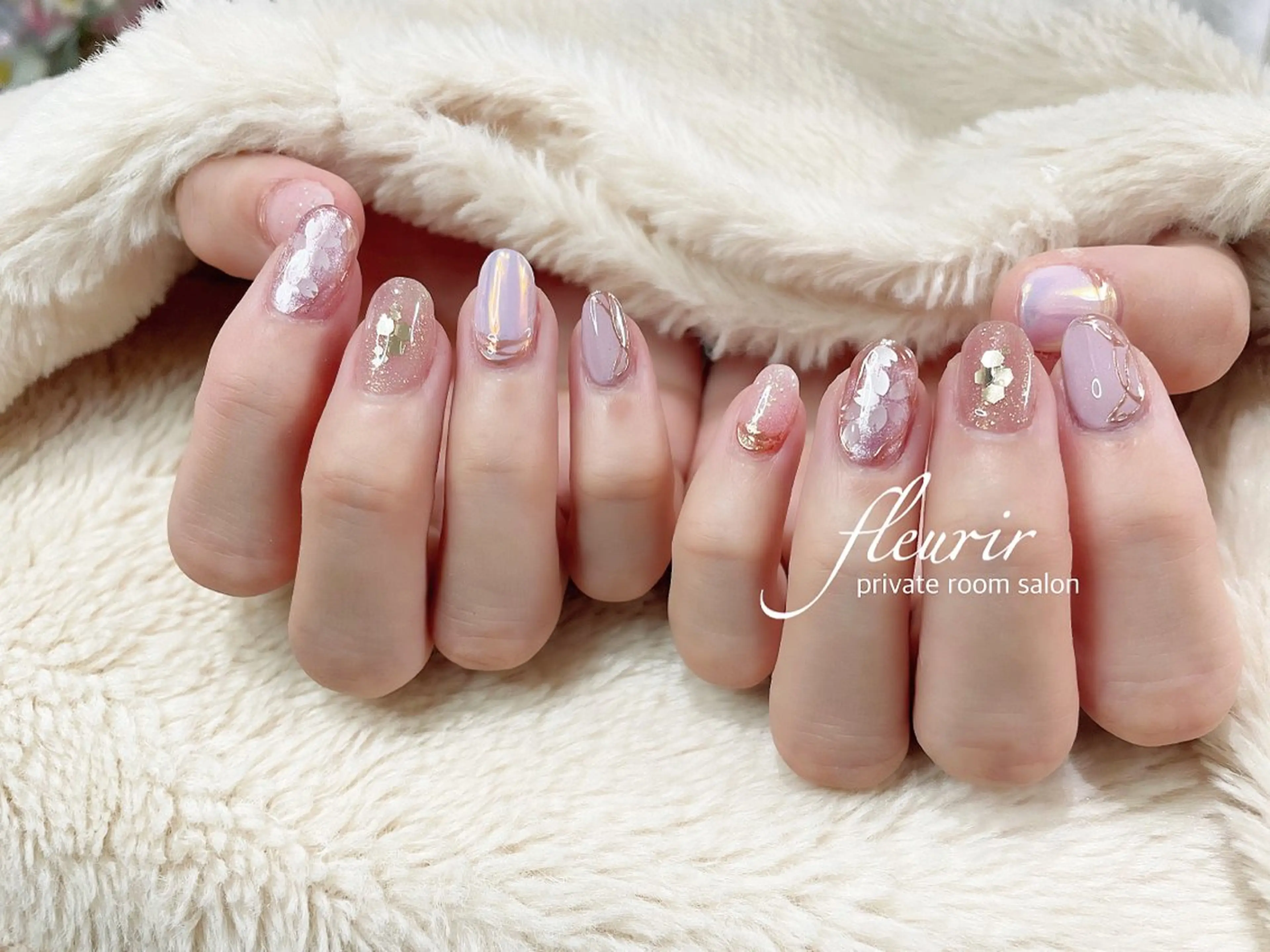 ネイル オーロラネイル 桜ネイル ピンク フルリール 【プライベートサロンのネイルデザイン