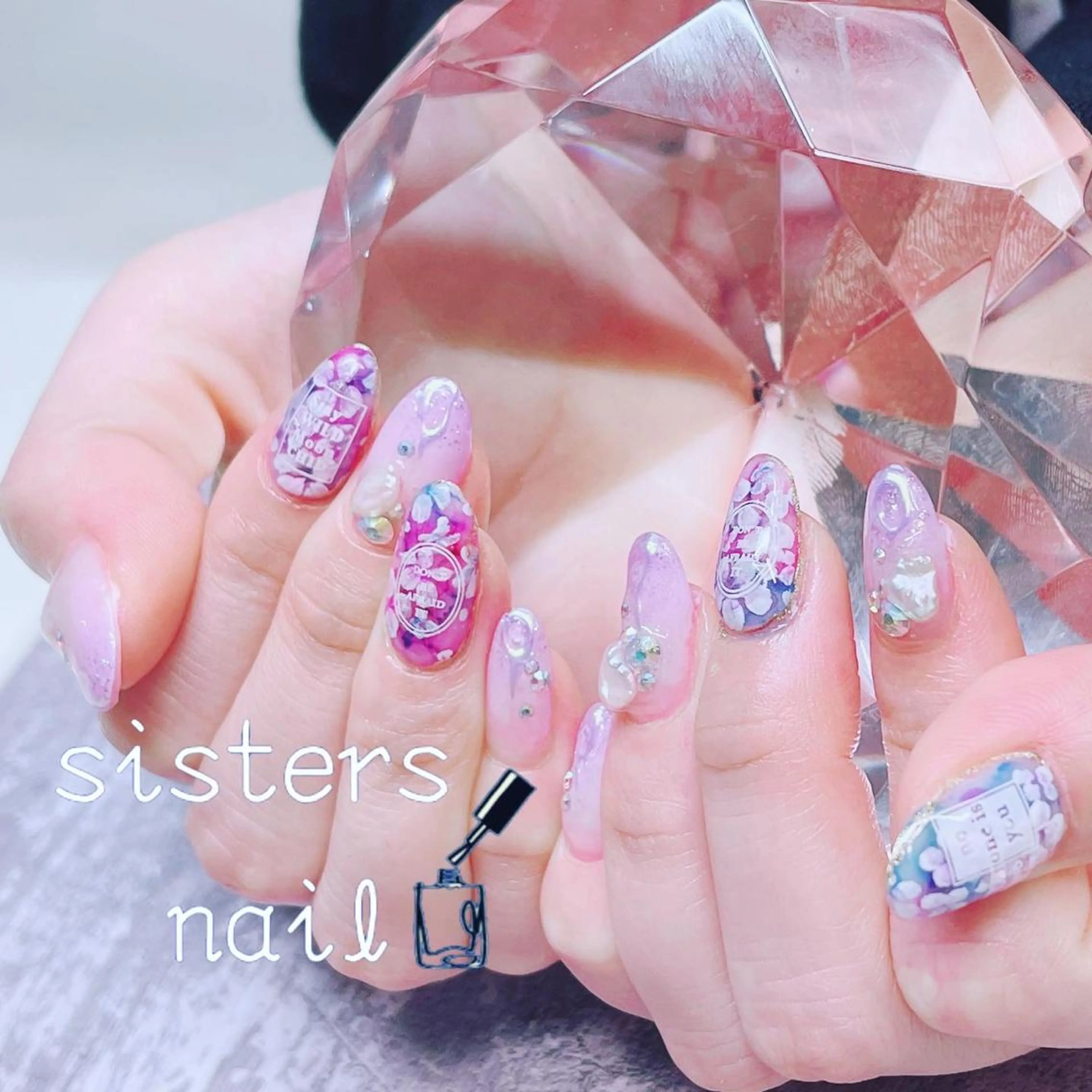 ネイル アートネイル フラワーネイル 大理石ネイル(マーブル) パステルネイル パープル ハンドネイル ハンドケア sisters nail.fのネイルデザイン