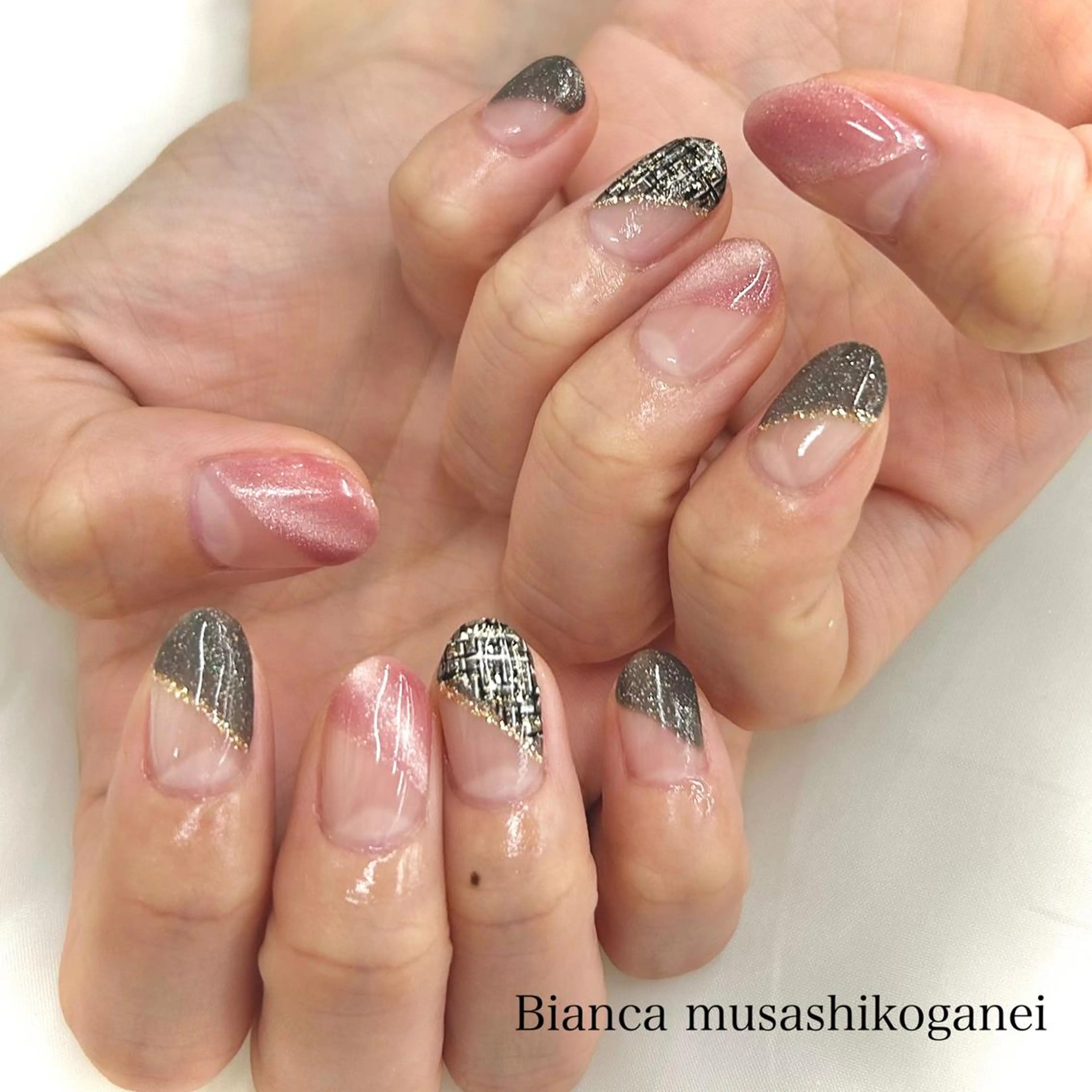 ネイル マグネットネイル ピンク ツイードネイル Bianca 武蔵小金井 ほしののネイルデザイン