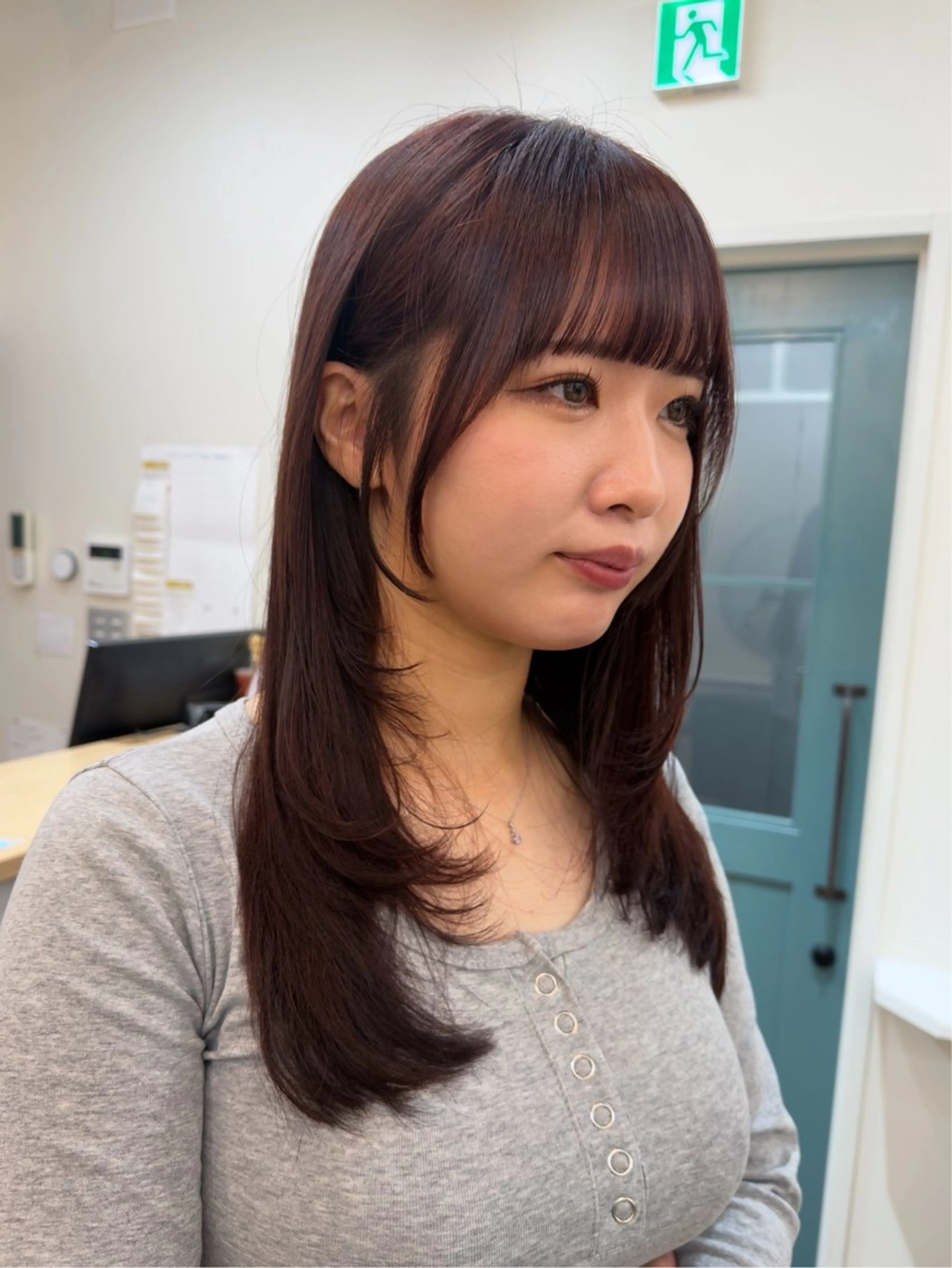 ロング カラー ボルドーカラー ハイレイヤー レイヤーカット おくれ毛 カット ヘアカラー トリートメント レイヤー/顔周り /いいぬまみかのヘアスタイル