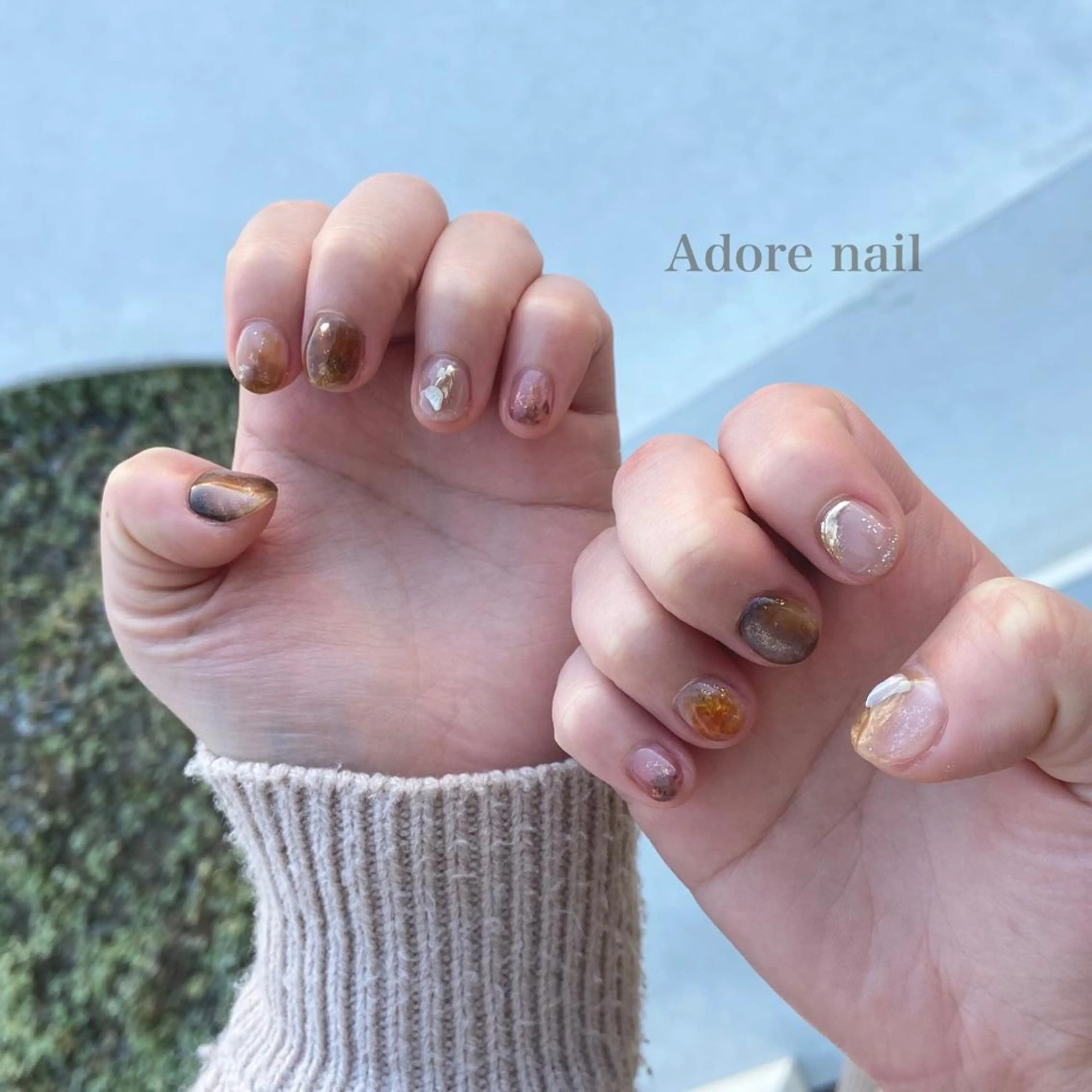 カラー パーマ ネイル マツエク・マツパ テラコッタ 成人式 クリアネイル 成人式 ミラーネイル Adore nailのネイルデザイン