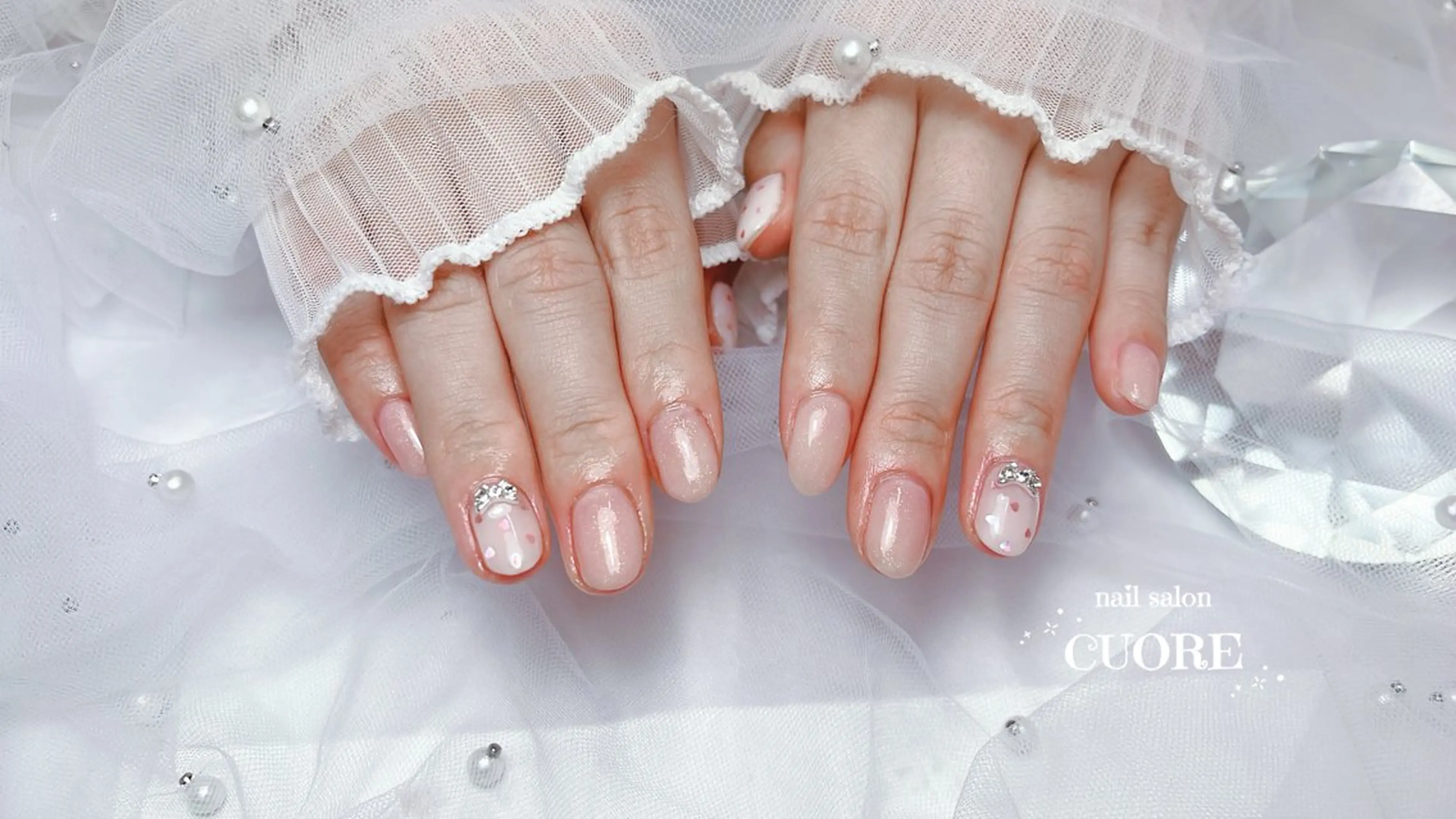 ネイル オフィスネイル ピンク リボン シンプルネイル 春ネイル ハンドネイル nail salon CUOREのネイルデザイン